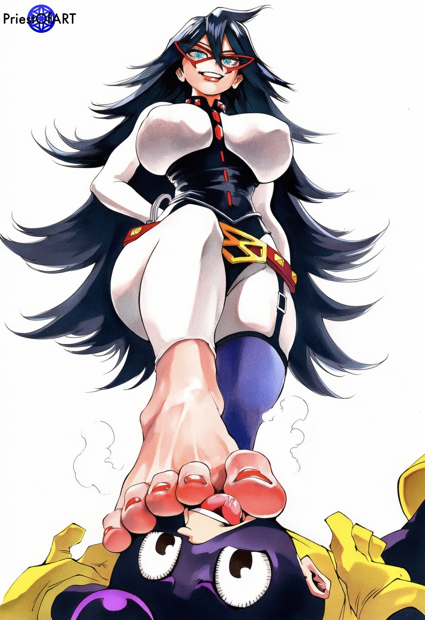 1boy, 1girls, ai generated, barefoot, black hair, boku no hero academia, breasts, dominant female, dominatrix, face mask, female, femdom, foot fetish, foot focus, from below, huge breasts, humiliated, humiliation, licking foot, long hair, looking down, lying, male, messy hair, midnight (my hero academia), minoru mineta, my hero academia, priestofart, shiny, simple background, size difference, steam, superhero, superheroine, thick thighs, watercolor, watercolor (artwork), watermark, white background, wide hips