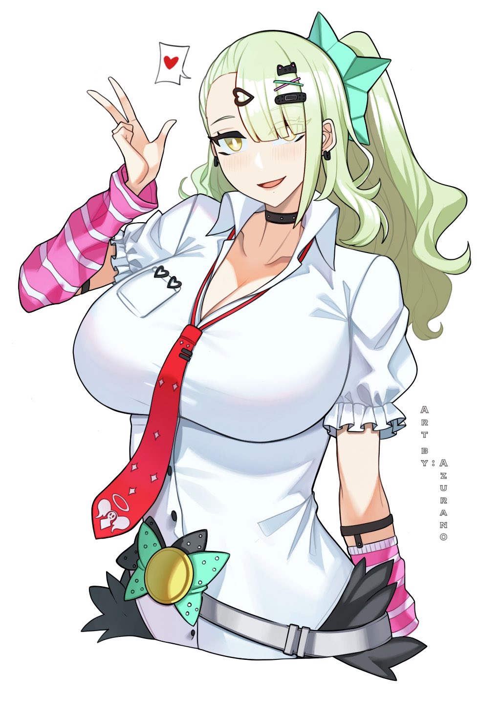 1girl, aged up, alternate body type, angels of delusion, azuran0, bangs, belt, big breasts, bow, breasts, choker, cleavage, earrings, eyebrows visible through hair, female, female only, green hair, hair ornament, hair over one eye, highres, jewelry, large breasts, long hair, looking at viewer, open mouth, simple background, smile, solo, sunna (zenless zone zero), v, white background, yellow eyes, zenless zone zero