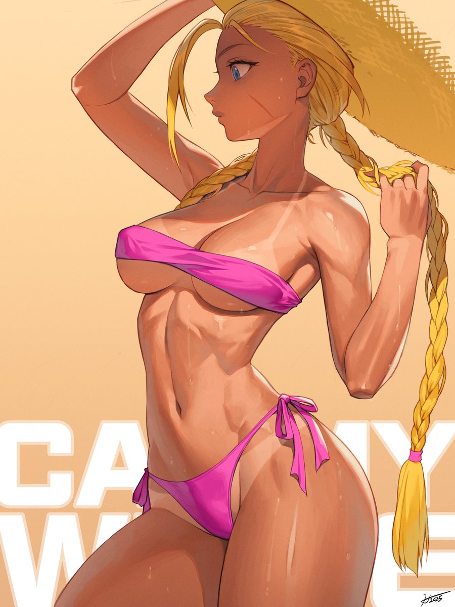 1girls, adjusting clothes, adjusting hair, adjusting headwear, arm up, bikini, blonde hair, blue eyes, braid, breasts, cammy white, character name, collarbone, facial scar, female, female only, hat, hichi, hichi (an hee-chul), highres, looking ahead, medium breasts, midriff, navel, official alternate costume, pink bikini, profile, scar, scar on cheek, scar on face, side-tie bikini bottom, solo, strapless, strapless bikini, straw hat, street fighter, street fighter 6, sweat, swimsuit, tan, tan skin, tanline, twin braids