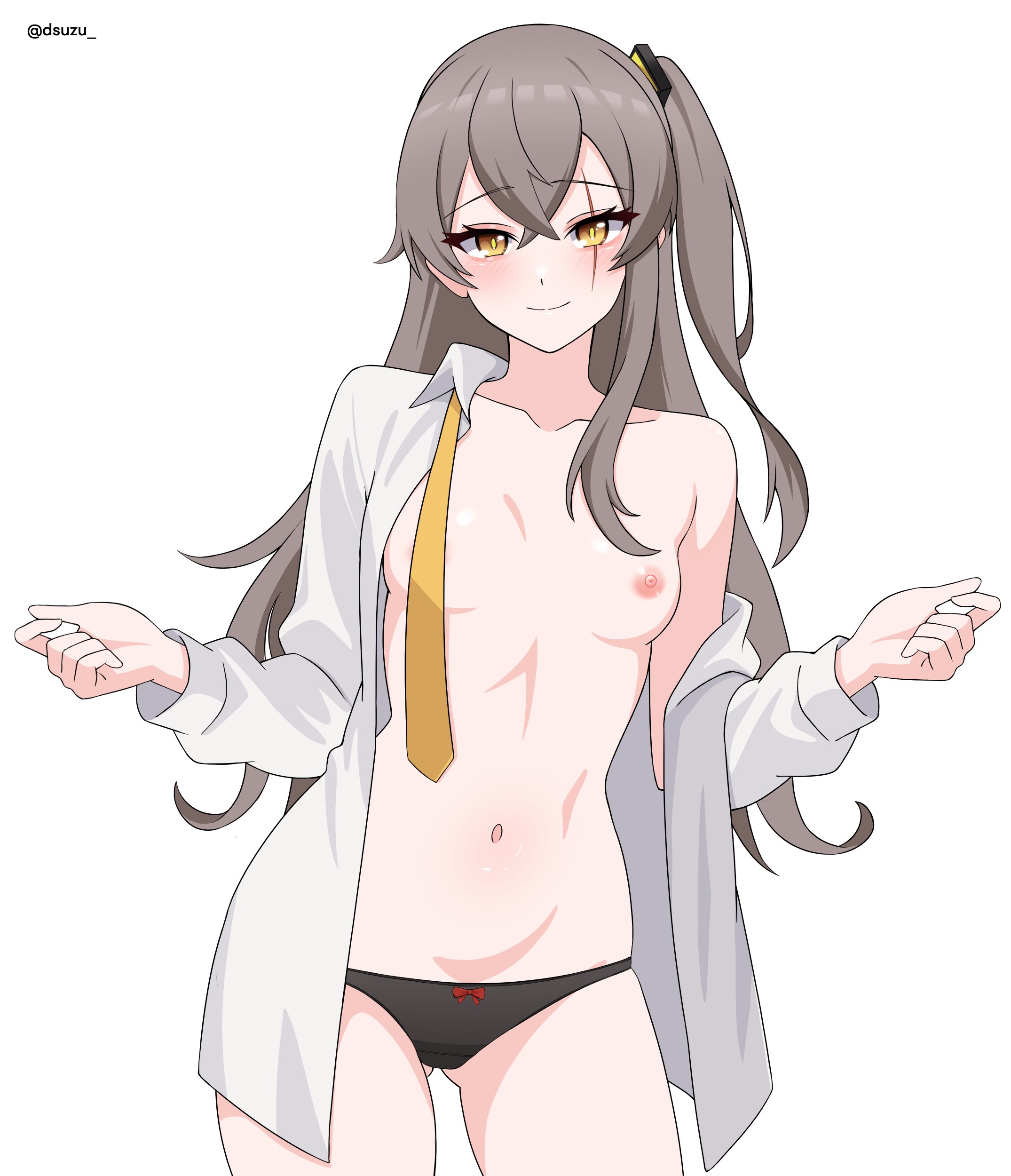 1girls, blush, breasts, breasts out, brown hair, closed mouth, clothing, dsuzu, female, female only, flat chest, girls' frontline, hair ornament, looking at viewer, navel, necktie, nipples, open shirt, panties, scar, scar on face, shirt, side ponytail, small breasts, smile, ump45 (girls' frontline), yellow eyes