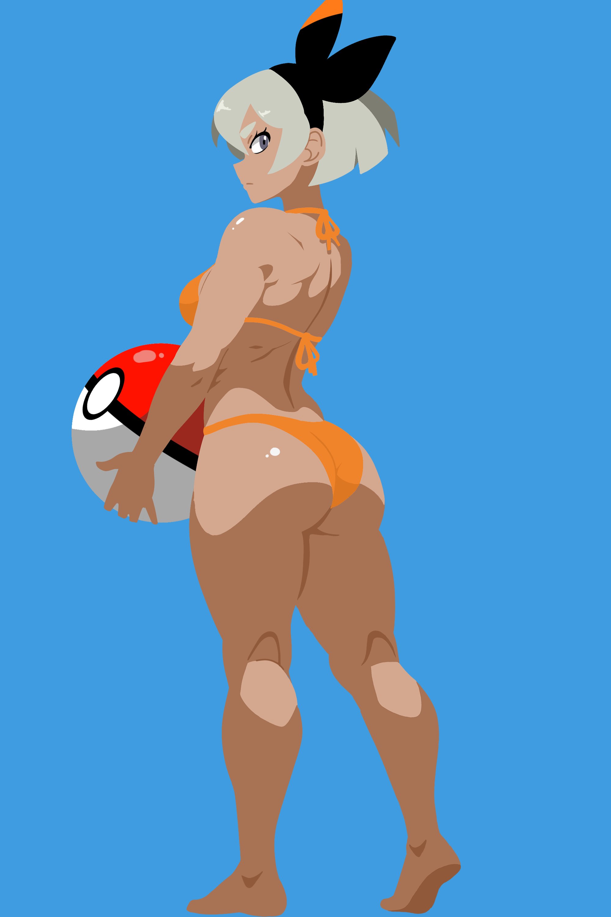 1girls, 2:3, absurd res, ass, aussy, back muscles, barefoot, bea (pokemon), beach ball, bikini, blue background, bow, dark skin, dark-skinned female, female, female focus, female only, flat colors, flat shading, full body, gray hair, grey eyes, grey hair, gym leader, hair ribbon, hairbow, highres, looking at viewer, looking back, muscles, muscular, muscular female, nintendo, orange bikini, orange swimsuit, pokeball, pokemon, pokemon ss, short hair, sole female, soles, solid color background, solo, solo female, swimsuit, thighs, vertical image
