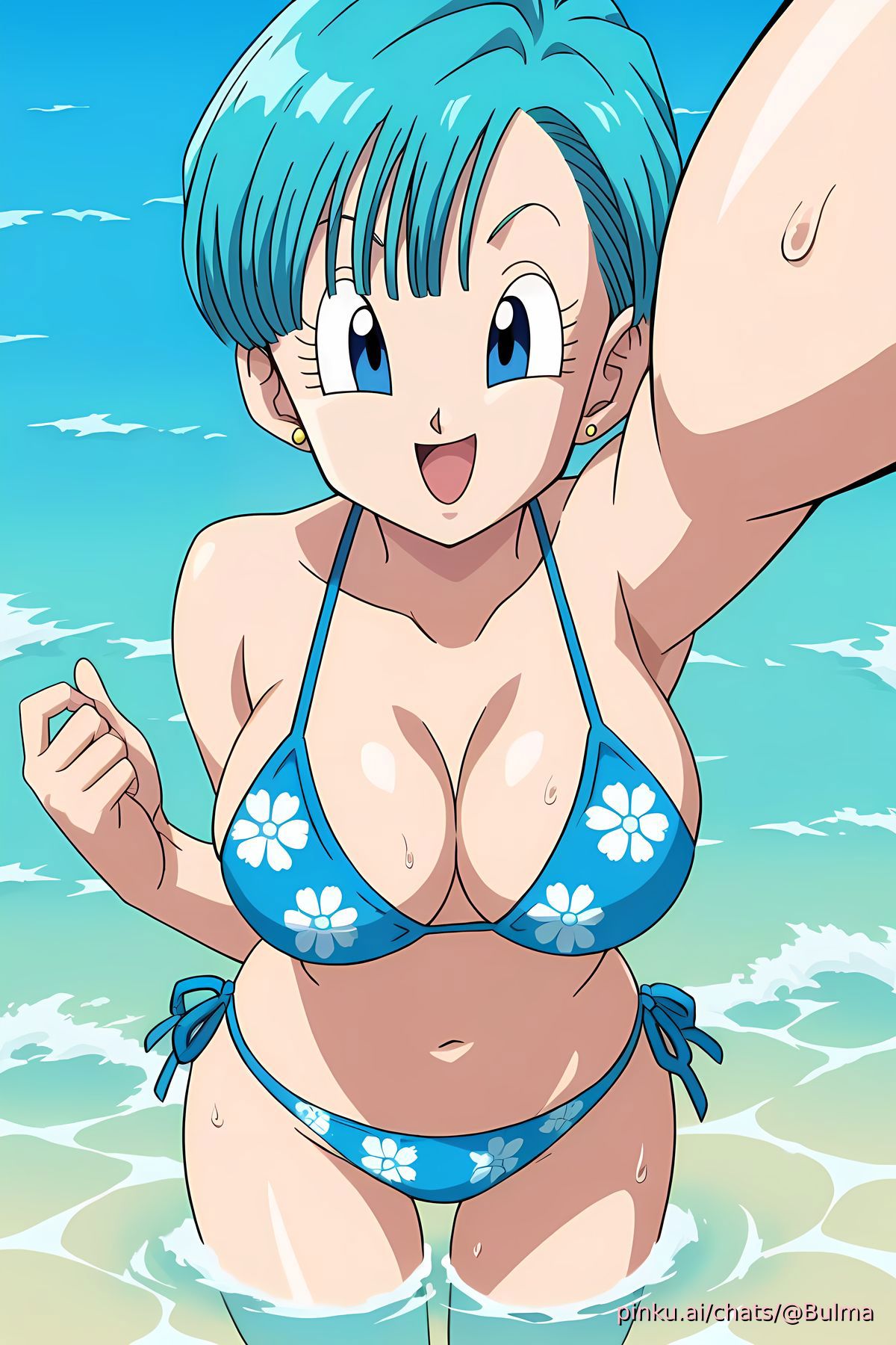 1girls, ai generated, beach, big breasts, bikini, breasts, bulma briefs, dragon ball, dragon ball super, female, happy, looking at viewer, outstretched arm, partially submerged, patterned bikini, pinku.ai, sexy, side-tie bikini, solo, submerged, wet, wet body