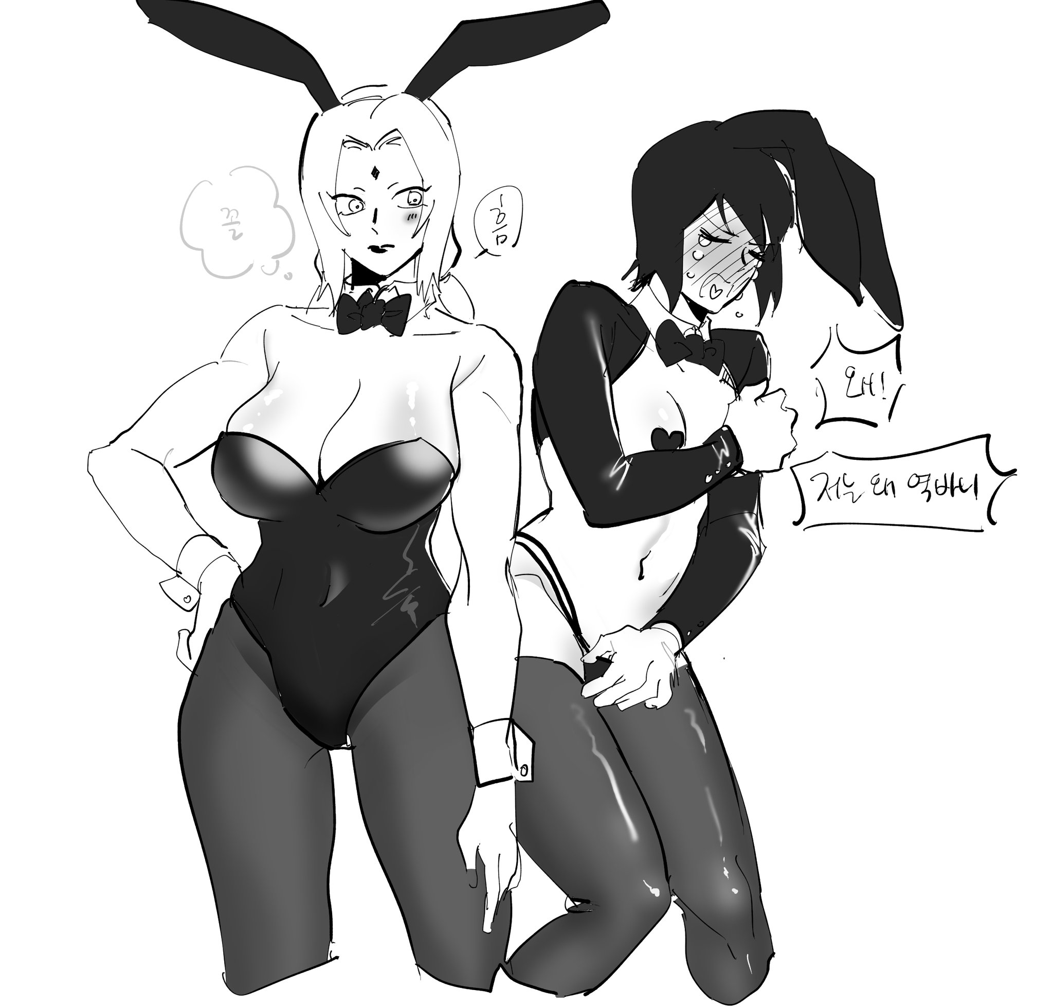 2girls, animal ears, blush, bow, bowtie, breasts, commentary, crying, embarrassed, fake animal ears, female, greyscale, hand on own hip, heart pasties, highres, korean text, large breasts, leotard, lipstick, low twintails, makeup, may c, may c (lovemeiko), monochrome, multiple females, multiple girls, naruto, naruto (series), naruto shippuden, navel, open mouth, panties, pantyhose, pasties, playboy bunny, rabbit ears, reverse bunnysuit, reverse outfit, shizune, shrug (clothing), small breasts, strapless, strapless leotard, symbol-only commentary, teacher and student, tears, thighhighs, traditional bowtie, translation request, tsunade, twintails, underwear, wrist cuffs, yuri