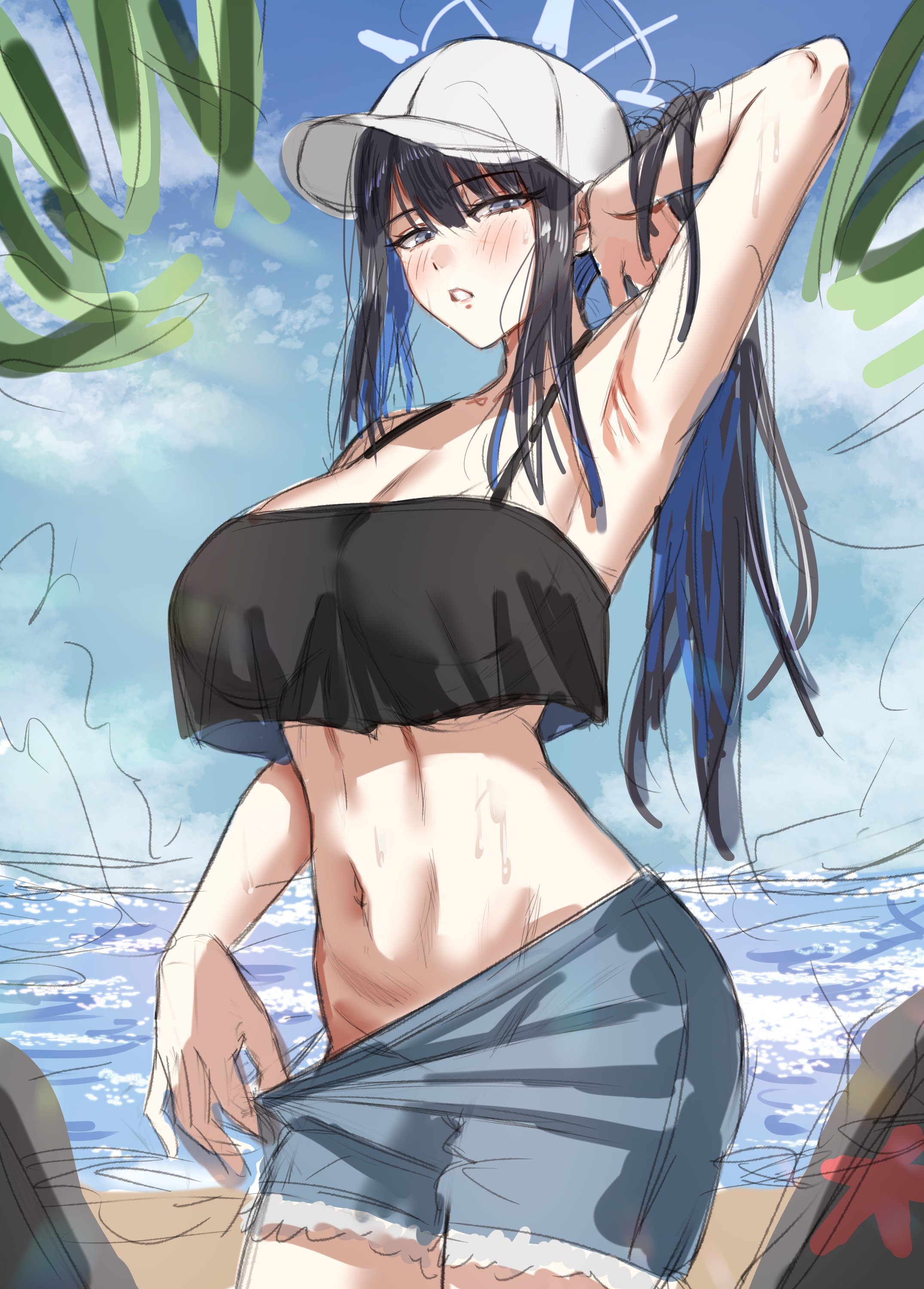 absurdres, armpits, black hair, blue archive, blue eyes, breasts, commentary request, female, female only, halo, hat, highres, large breasts, long hair, looking at viewer, multicolored hair, navel, nompang, official alternate costume, outdoors, ponytail, presenting armpit, saori (blue archive), saori (swimsuit) (blue archive), shorts, solo, stomach, white hat
