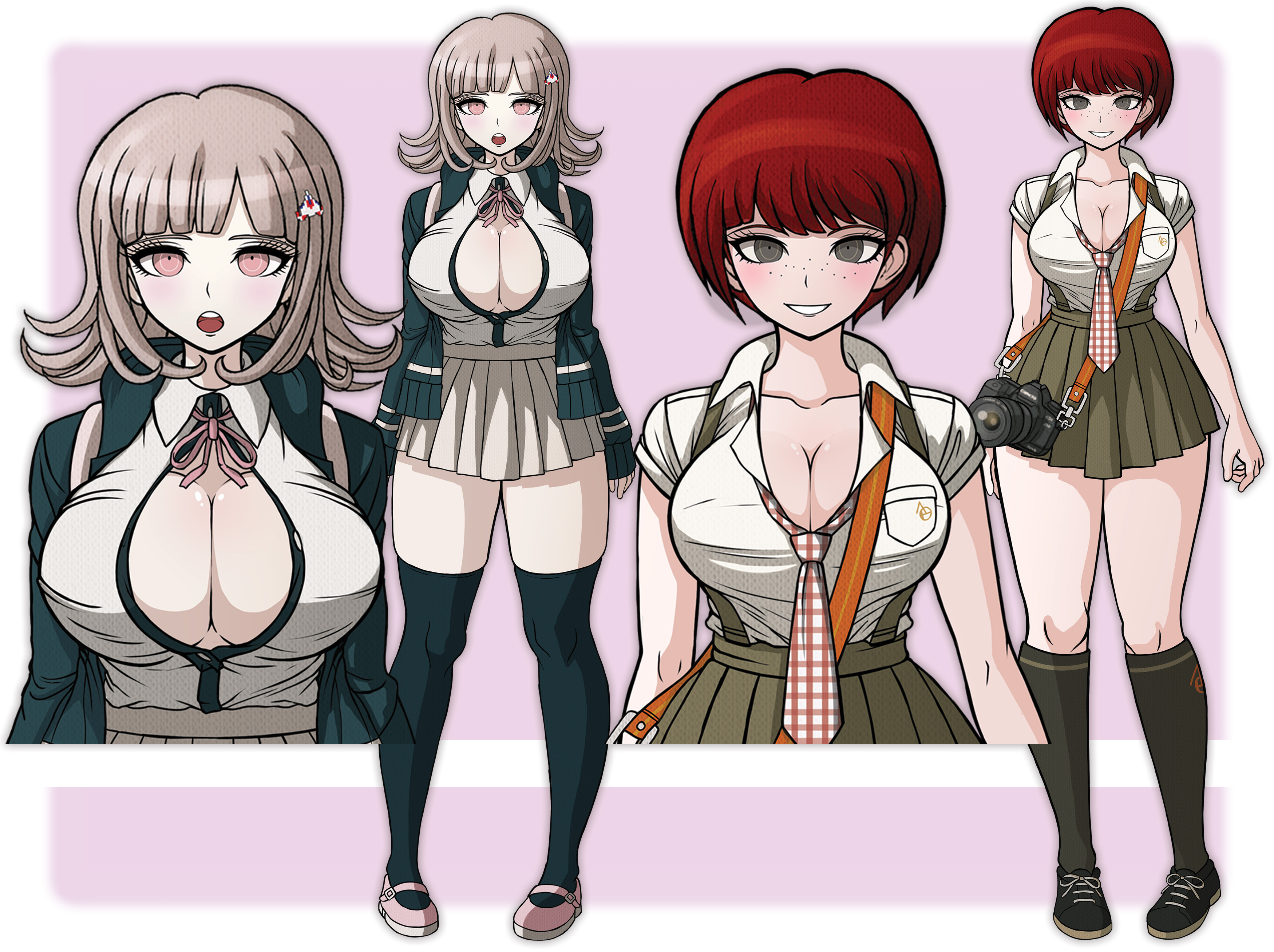 2girls, big breasts, blush, boob window, breast expansion, breast growth, breast growth (enlargement), breasts, cleavage, cleavage cutout, danganronpa, danganronpa 2: goodbye despair, danganronpa 2x2, female, female only, flats, koizumi mahiru, mary janes, middinos, midnightdindins, nanami chiaki, shoes, skirt, thick thighs, thighs