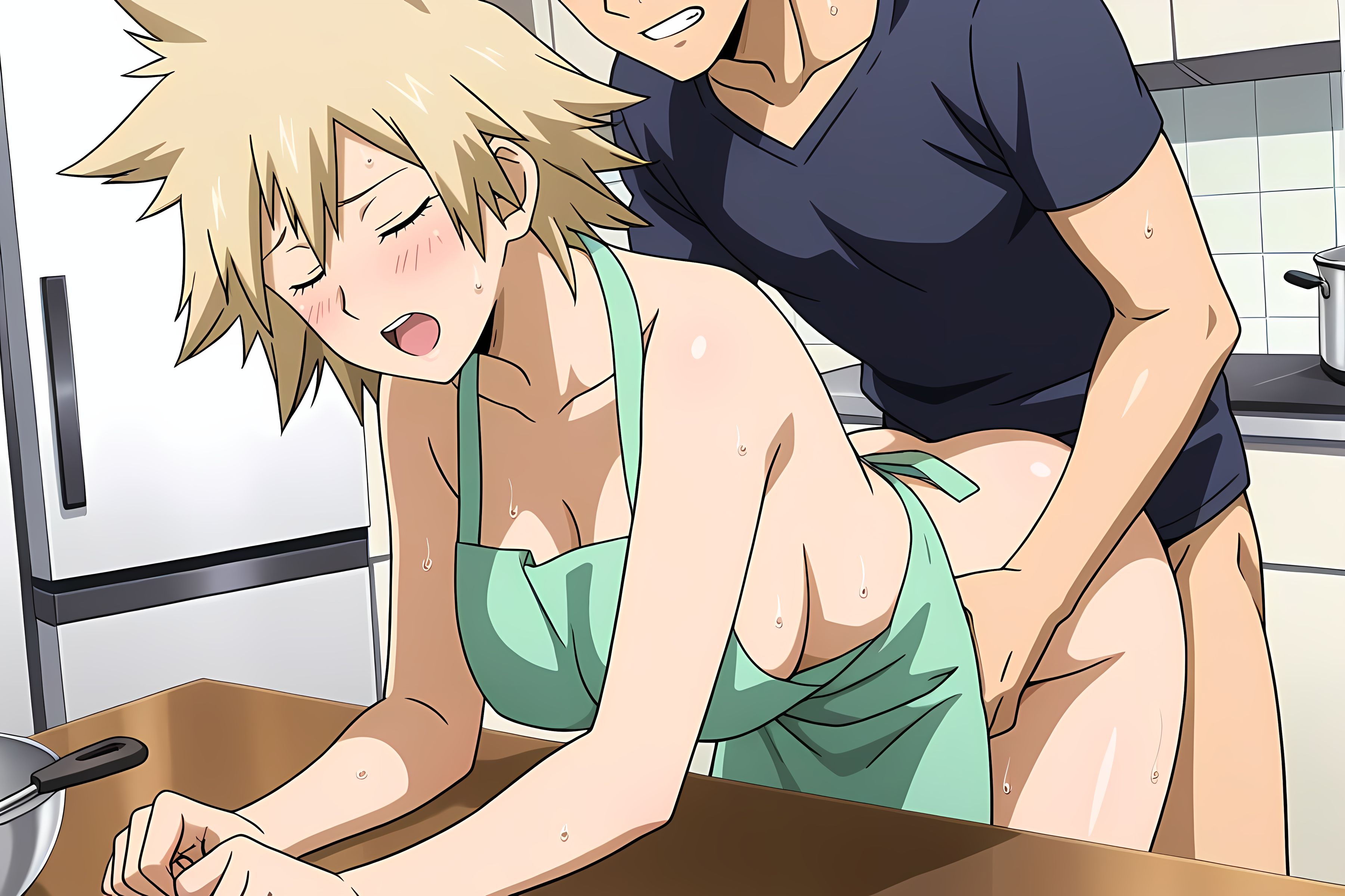 ai generated, apron, apron only, bent over, blush, boobs, breasts, cleavage, female, kitchen, male, mitsuki bakugou, moaning, mouth open, my hero academia, naked female, naked male, penis, penis in pussy, pinku.ai, pussy, sex, sideboob, sweat
