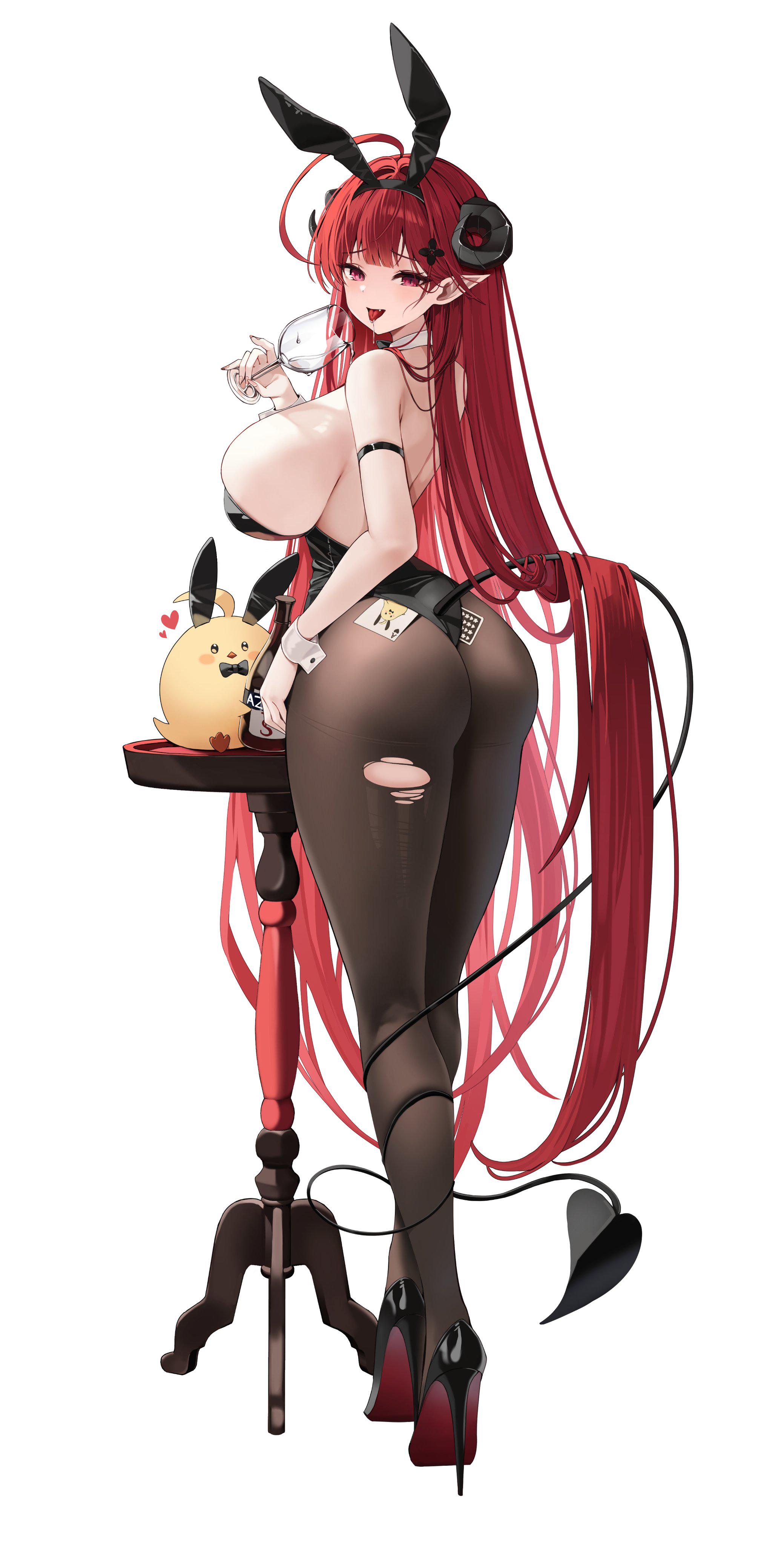absurdly long hair, ahoge, animal ears, ass, azur lane, bare shoulders, black footwear, black horns, black leotard, breasts, cg, cup, curled horns, demon girl, demon horns, demon tail, detached collar, drinking glass, fake animal ears, fake tail, female, from behind, full body, high heels, hindenburg (azur lane), hindenburg (delirious duel) (azur lane), holding, holding cup, horns, huge breasts, large breasts, leotard, long hair, looking at viewer, looking back, official alternate costume, open mouth, pantyhose, playboy bunny, pointy ears, rabbit ears, rabbit tail, red eyes, red hair, simple background, solo, standing, strapless, strapless leotard, tail, tongue, tongue out, torn clothes, torn pantyhose, very long hair, white background, wrist cuffs