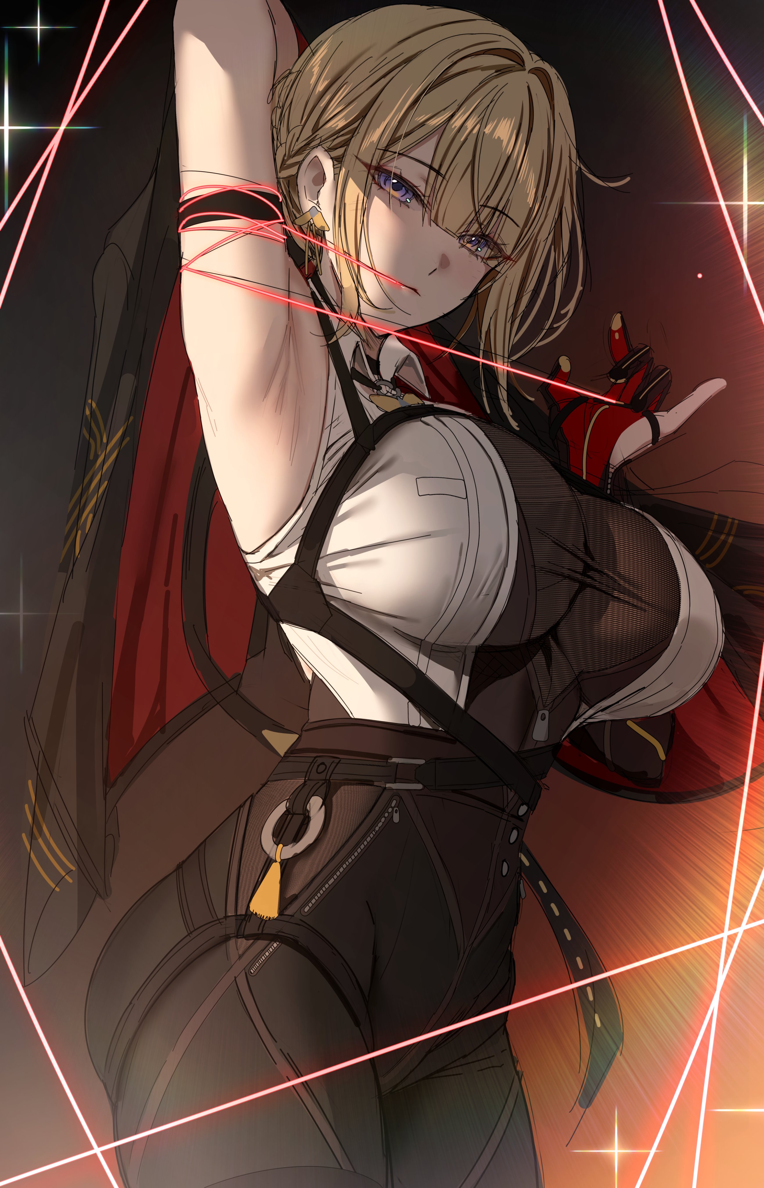 absurdres, arm behind head, arm strap, arm up, armpits, black pants, blonde hair, breasts, chest harness, cleavage, collared shirt, commentary request, elbow gloves, evelyn chevalier, female, female only, gloves, half gloves, harness, high-waist pants, highres, large breasts, nompang, pants, partially fingerless gloves, purple eyes, see-through cleavage, see-through clothes, shirt, single elbow glove, single half glove, sleeveless, sleeveless shirt, solo, tight clothes, tight pants, white shirt, zenless zone zero