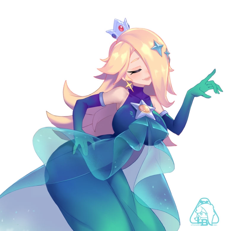 1girls, artist logo, artist name, ass, barefoot, blonde hair, breasts, closed eyes, clothing, crown, dress, earrings, elbow gloves, female, female only, gloves, hair over one eye, hand on hip, hand on own hip, human, human only, large breasts, little blood, long hair, mammal, mario (series), mario kart, mario kart tour, mario kart world, mature, mature female, nintendo, princess, princess dress, princess rosalina, princess rosalina (aurora), royalty, simple background, solo, solo female, solo focus, white background