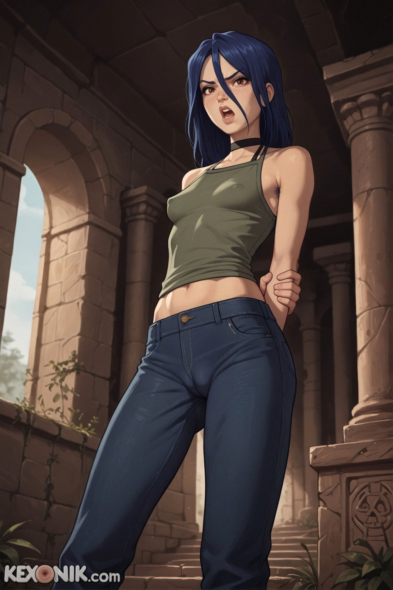 1girls, ai generated, angry, big nipples, blue hair, breasts, brown eyes, cameltoe, cleft of venus, clothed, covered breasts, covered nipples, feet, female, from below, full body, hair between eyes, hairy, hairy armpits, hands behind back, huge ass, huntik, kexonik, long hair, looking at viewer, petite, petite body, pubic hair, revealing clothes, sagging breasts, skinny, slim, small breasts, soles, solo, toes, yelling, zhalia moon