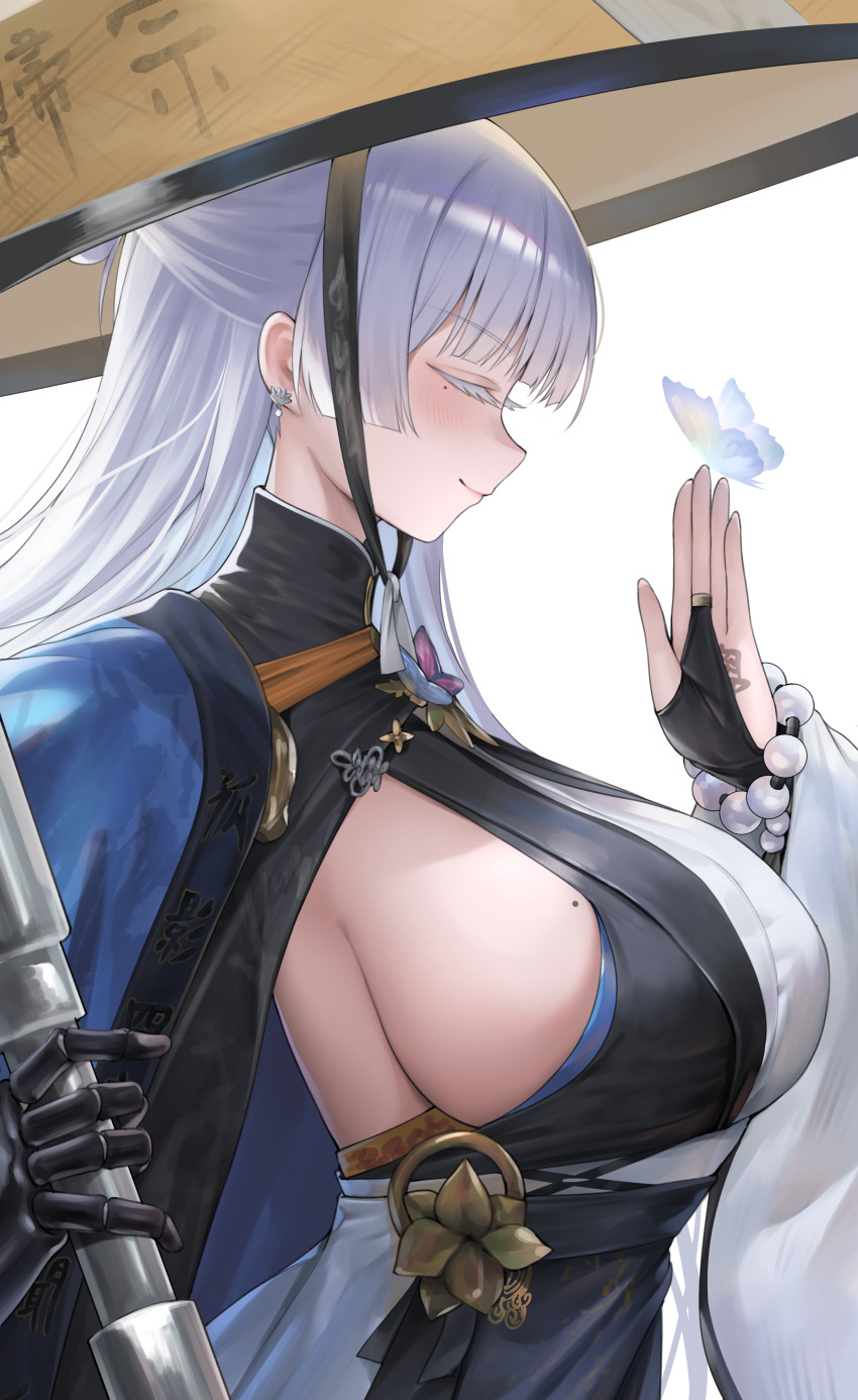1girls, black bridal gauntlets, black kimono, breasts, bridal gauntlets, butterfly, butterfly on hand, closed mouth, clothed, colored eyelashes, earrings, female, female only, from side, goddess of victory: nikke, hand up, hat, holding, huge breasts, kimono, kurone rinka, mechanical hand, mole, mole on breast, mole under eye, nayuta (nikke), profile, sideboob, smile, smiling, solo, upper body, white hair, white kimono