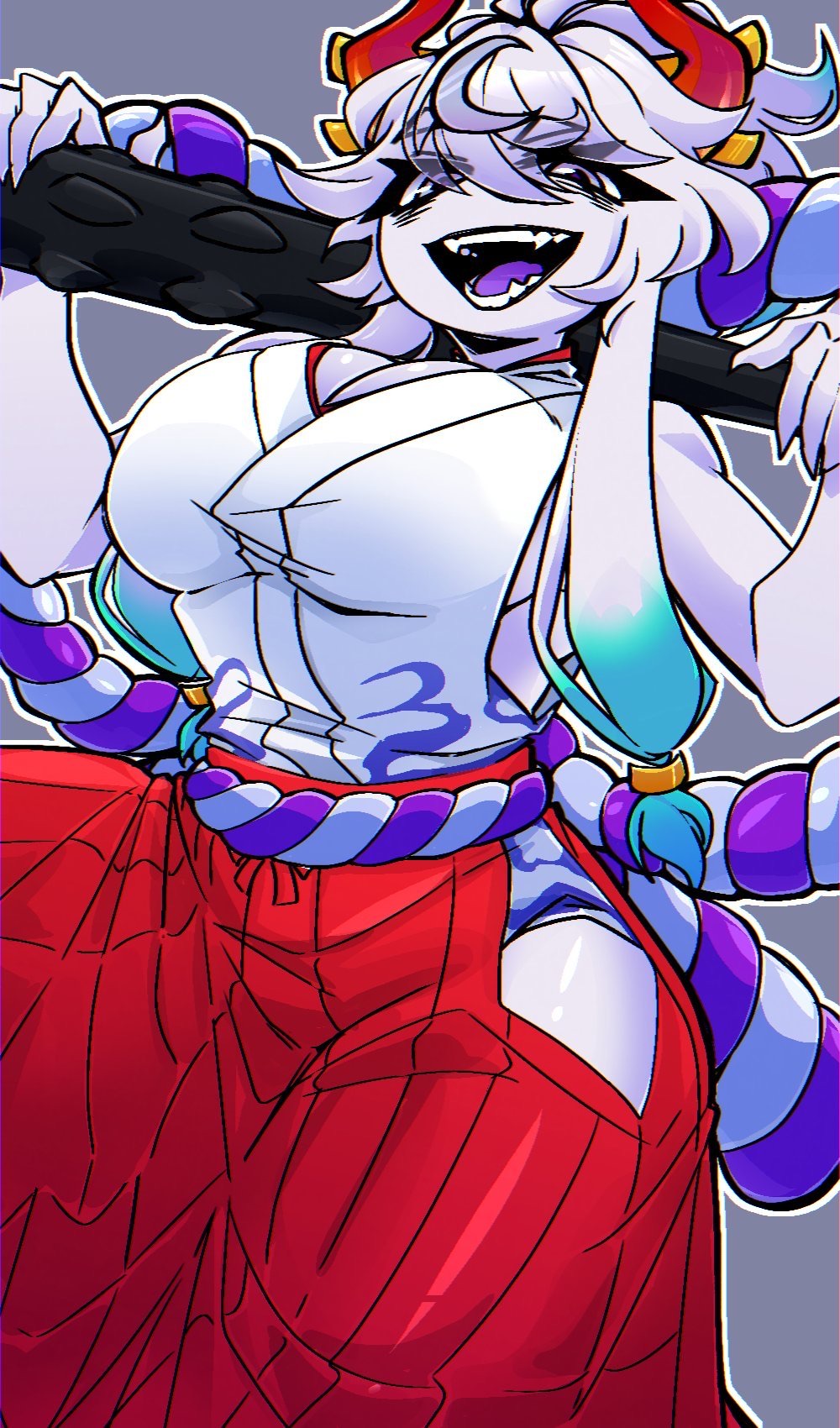 big breasts, blue hair, breasts, female, female only, fnf mods, friday night funkin, friday night funkin mod, green hair, horns, huge breasts, huge thighs, humanoid, lune (friday night funkin), lune (yraisel), one piece, ponytail, purple eyes, skelthors, thighs, weapon, white hair, yamato (one piece), yamato (one piece) (cosplay)