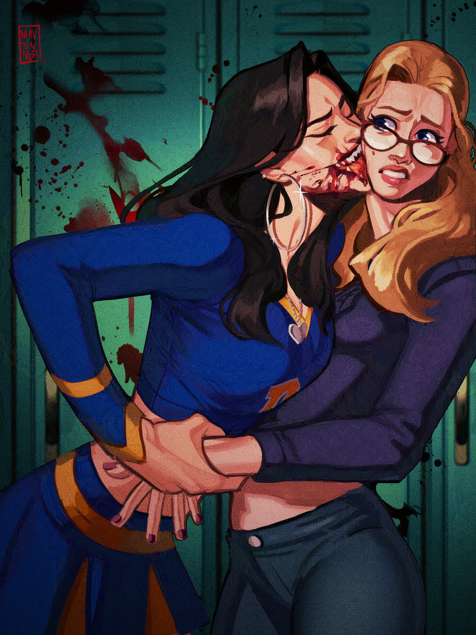 2girls, anita lesnicki, assertive female, black hair, blonde hair, blood, blood on face, blood splatter, blue eyes, breast press, breasts, cheerleader, cheerleader uniform, female, female only, femdom, femsub, glasses, heart necklace, hoop earrings, hoop earrings oversized, horror, horror (theme), jennifer check, jennifer's body, licking face, light skin, light-skinned female, locker, mausinner, midriff, multiple females, multiple girls, sharp teeth, wrist grab, yuri