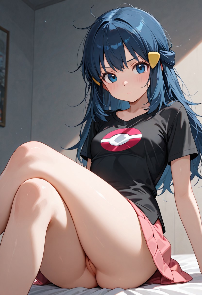 ai generated, ass, bangs, black shirt, blue eyes, blue hair, blush, breasts, crossed legs, dawn (pokemon), eyebrows visible through hair, female, frown, hair ornament, indoors, long hair, looking at viewer, medium breasts, nintendo, pink skirt, pokemon, pokemon dppt, pussy, shirt, short sleeves, sitting, skirt, solo, uncensored