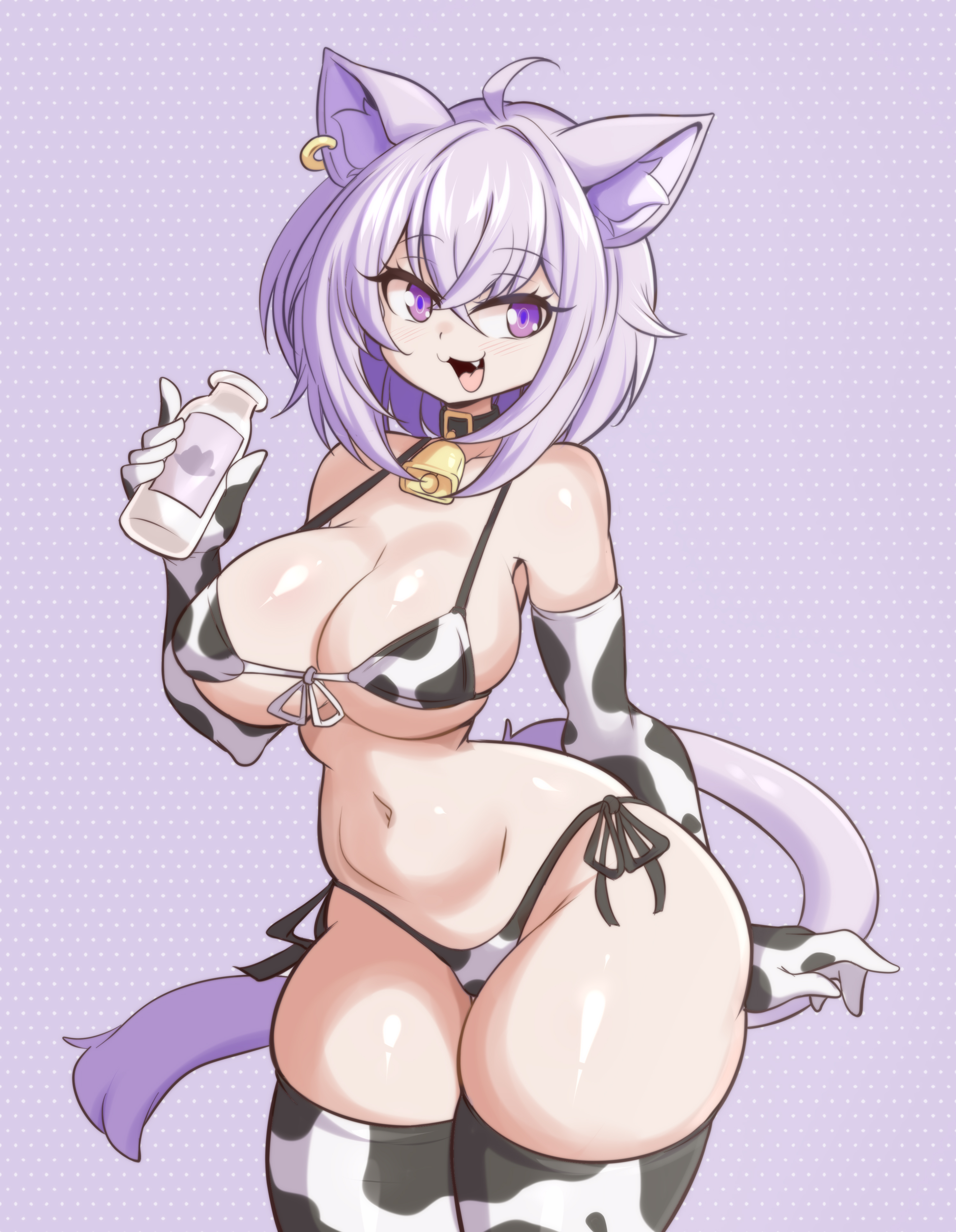 big breasts, breasts, cat girl, cleavage, cow print, female, furry, hololive, hololive gamers, hololive japan, huge breasts, lucyfercomic, nekomata okayu, tagme, thick thighs, virtual youtuber, wide hips