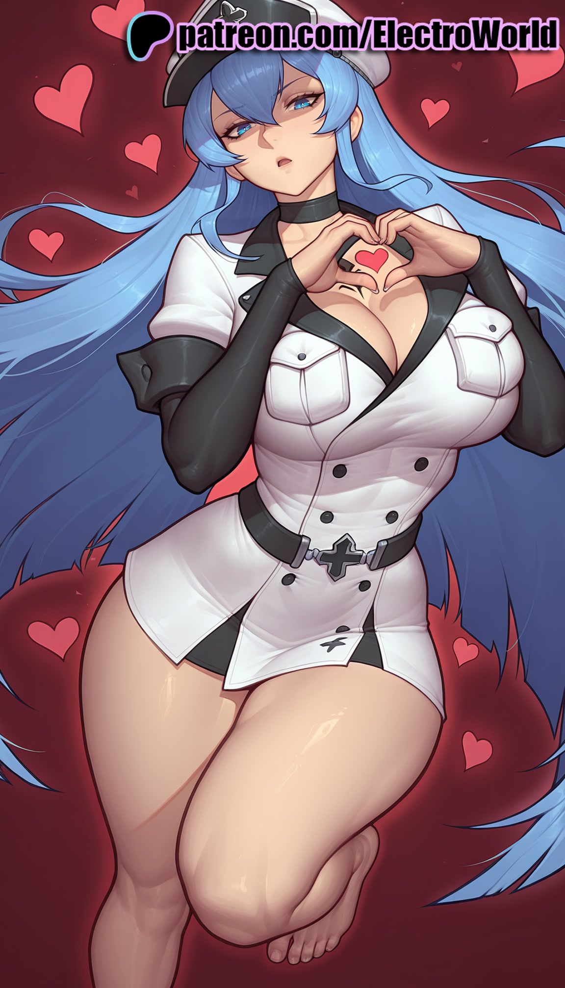 1girls, 2025, ai generated, akame ga kill!, artist name, big breasts, big chest, blowing kiss, blue eyes, blue hair, breasts, bust, busty, chest, choker, electroworld, esdeath (akame ga kill!), female, hat, heart, heart background, heart hands, hi res, high quality, high resolution, highres, large breasts, long hair, looking at viewer, patreon, patreon username, peaked cap, solo, spoken heart, stable diffusion, thick thighs, thighs, watermark