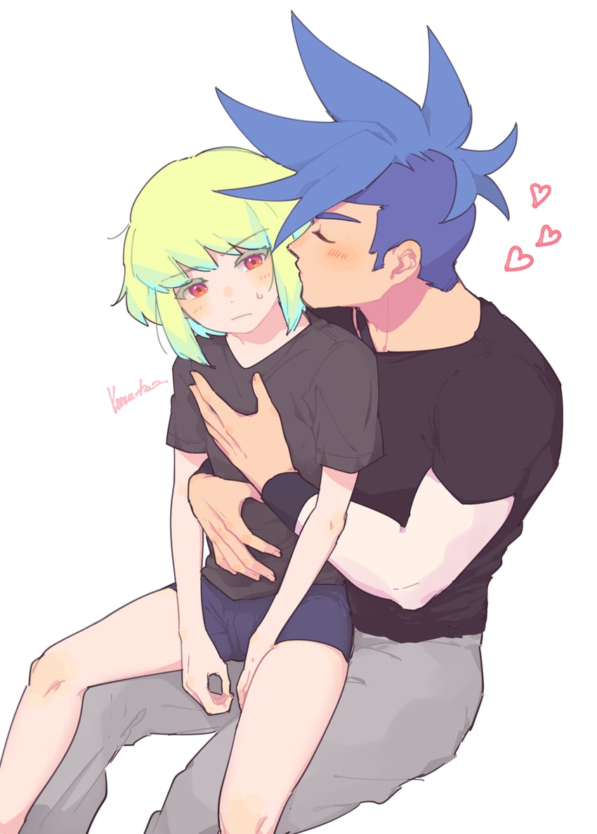2boys, androgynous, blush, bob cut, clothing, embarrassed, femboy, fully clothed, galo thymos, gay, kissing, lio fotia, male, on lap, promare, questionable, short hair, shy, size difference, suggestive, twink, wholesome, yaoi