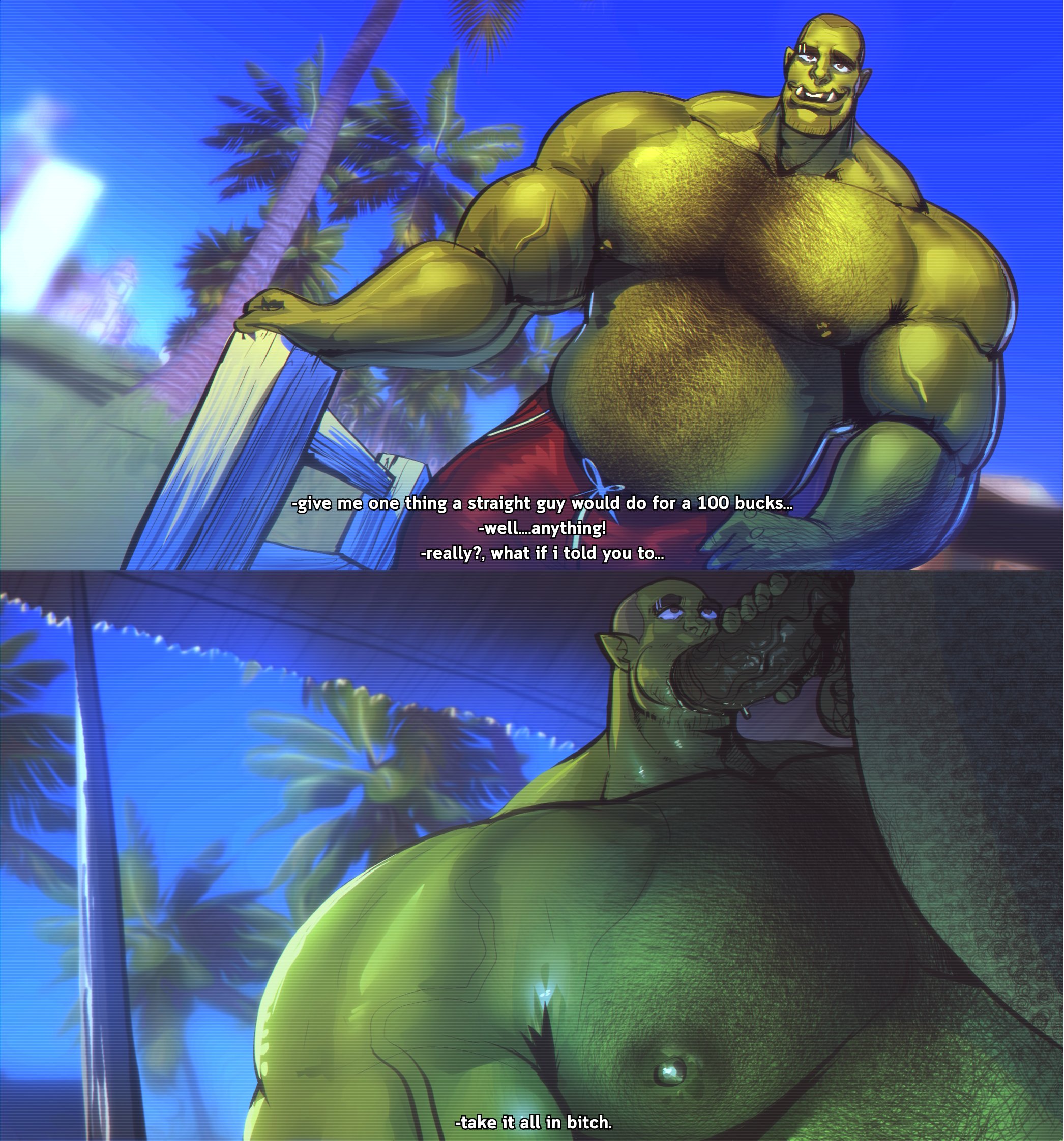 2boys, bara, blowjob, bopehol, chest hair, english dialogue, english text, fellatio, gay, male, male focus, male only, muscular, muscular arms, muscular chest, muscular male, nipples, orc, pecs, penis, prostitution, pubic hair, text, veiny penis, yaoi