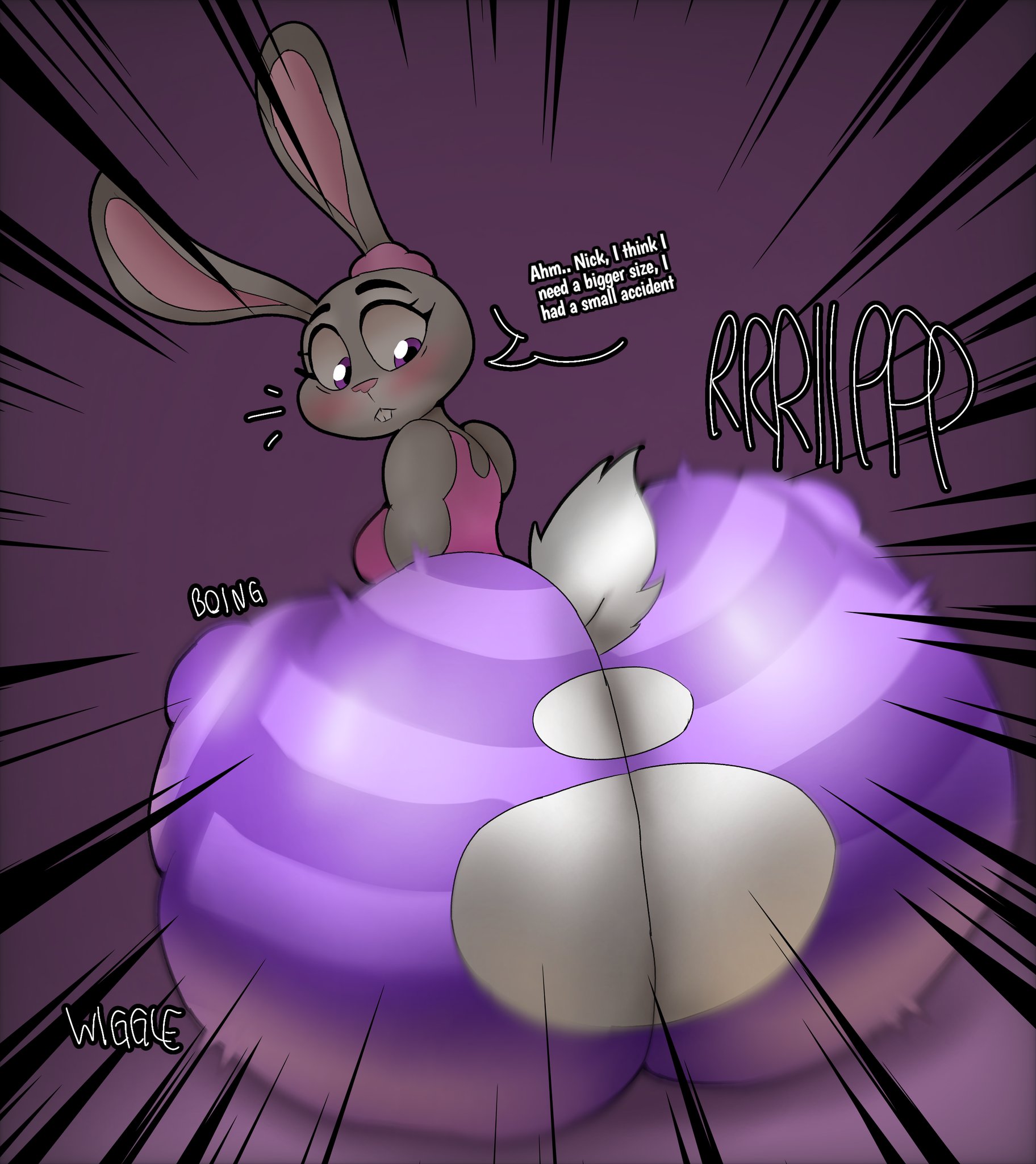 1female, 1girls, anthro, ass, ass bigger than head, ass clapping, ass focus, ass window, backboob, behind view, big ass, big butt, bottom heavy, breasts, bubble butt, clapping ass, clapping cheeks, clothed, clothing, curvaceous, curvy, curvy figure, dialogue, disney, dumptruck ass, english text, enormous ass, fat ass, female, female only, furry, gigantic ass, ginormous ass, huge ass, hyper, hyper ass, inconvenient ass, inconvenient butt, judy hopps, lagomorph, looking back, mostly clothed, onomatopoeia, purple background, purple eyes, rabbit, rare, ripped clothing, ripped pants, round ass, scut tail, solo, solo female, tail, text, thedeathcrow05, thick, thick ass, thick thighs, thighs, tight fit, too tight, voluptuous, voluptuous female, wardrobe malfunction, wide hips, yoga pants, zootopia
