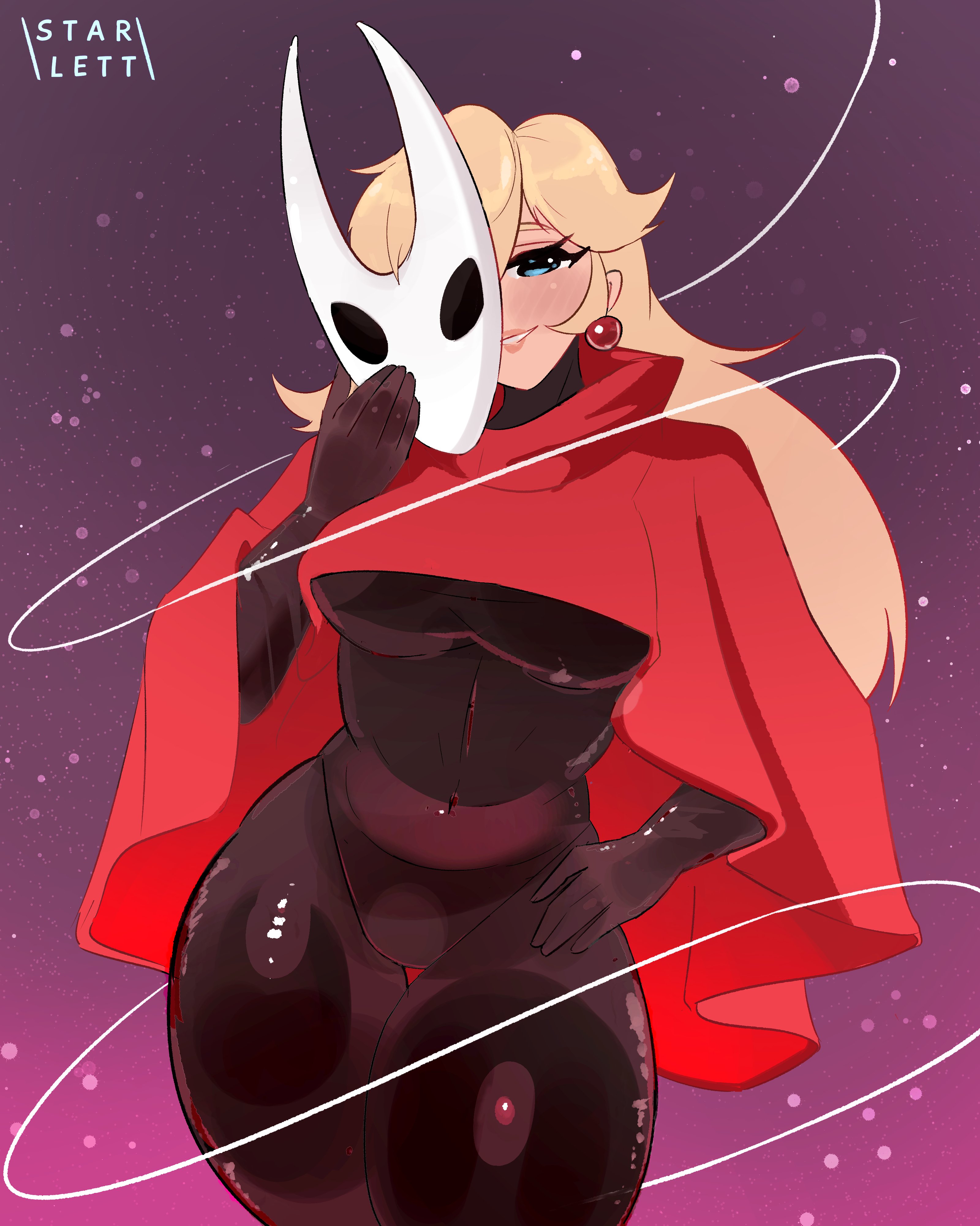 1girls, ass, big breasts, black bodysuit, black latex, bodysuit, breasts, c starlett, cosplay, female, female focus, female only, hollow knight, hollow knight: silksong, hornet (hollow knight) (cosplay), large breasts, latex, latex clothing, latex suit, light-skinned female, looking at viewer, mario (series), pink background, princess rosalina, shiny clothes, smile, solo, starlett animations, thick thighs, thighs, wide hips
