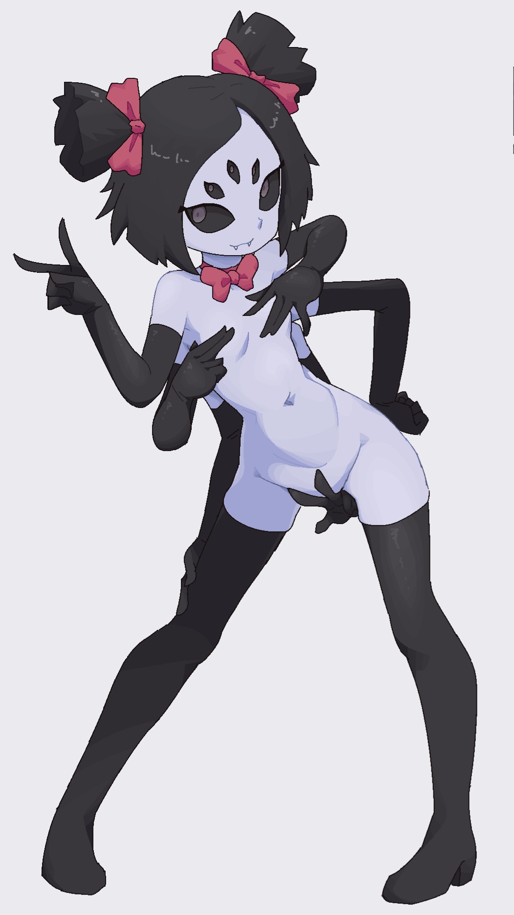 6 arms, arm gloves, ass, black boots, boots, bowtie, breasts, completely nude, completely nude female, covered nipples, covering breasts, covering pussy, cropped image, elbow gloves, female, gloves, hand bra, handbra, high heel boots, muffet, multi arm, multi eye, multi limb, naked footwear, pussy, spider girl, spider humanoid, sub-neamo, tagme, thigh boots, twintails, undertale, undertale (series)