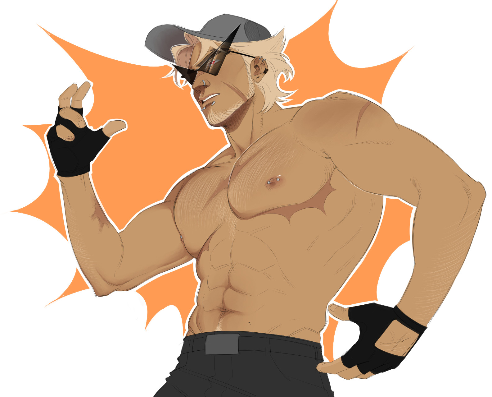 1boy, abs, baseball cap, blonde hair, bro strider, buff, fingerless gloves, hat, homestuck, male, male only, muscular, nipple piercing, nipples, orange eyes, pants, pecs, piercings, scars, solo, solo male, sunglasses, sweetmilkie, tagme, top surgery scars, topless