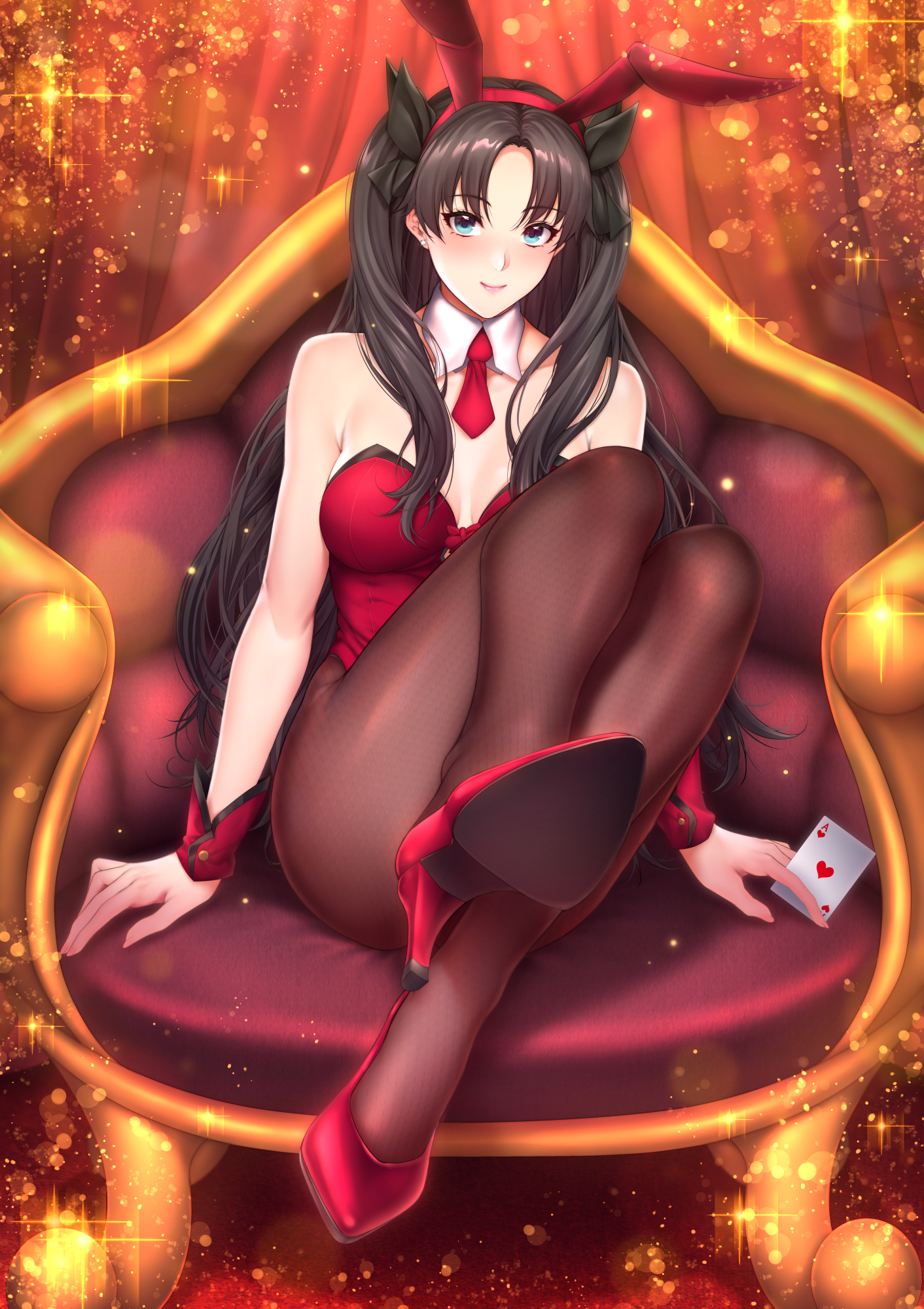 aqua eyes, bare shoulders, blush, bunny ears, bunny girl, fate (series), fate/stay night, female, high heels, long hair, looking at viewer, pantyhose, playing card, red heels, sitting, solo, tohsaka rin, zucchini