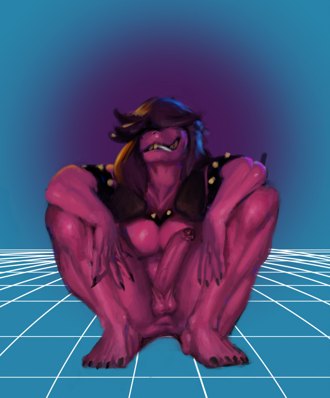 abstract_background anthro anus arms_on_knees balls barefoot big_penis breasts brown_hair crouching deltarune erection feet foreskin futanari genitals gynomorph hair hair_over_eyes hi_res intersex long_hair long_penis mostly_nude navel penis purple_body purple_skin scalie solo spread_legs spreading susie_(deltarune) tenacitrus undertale_(series) video_games