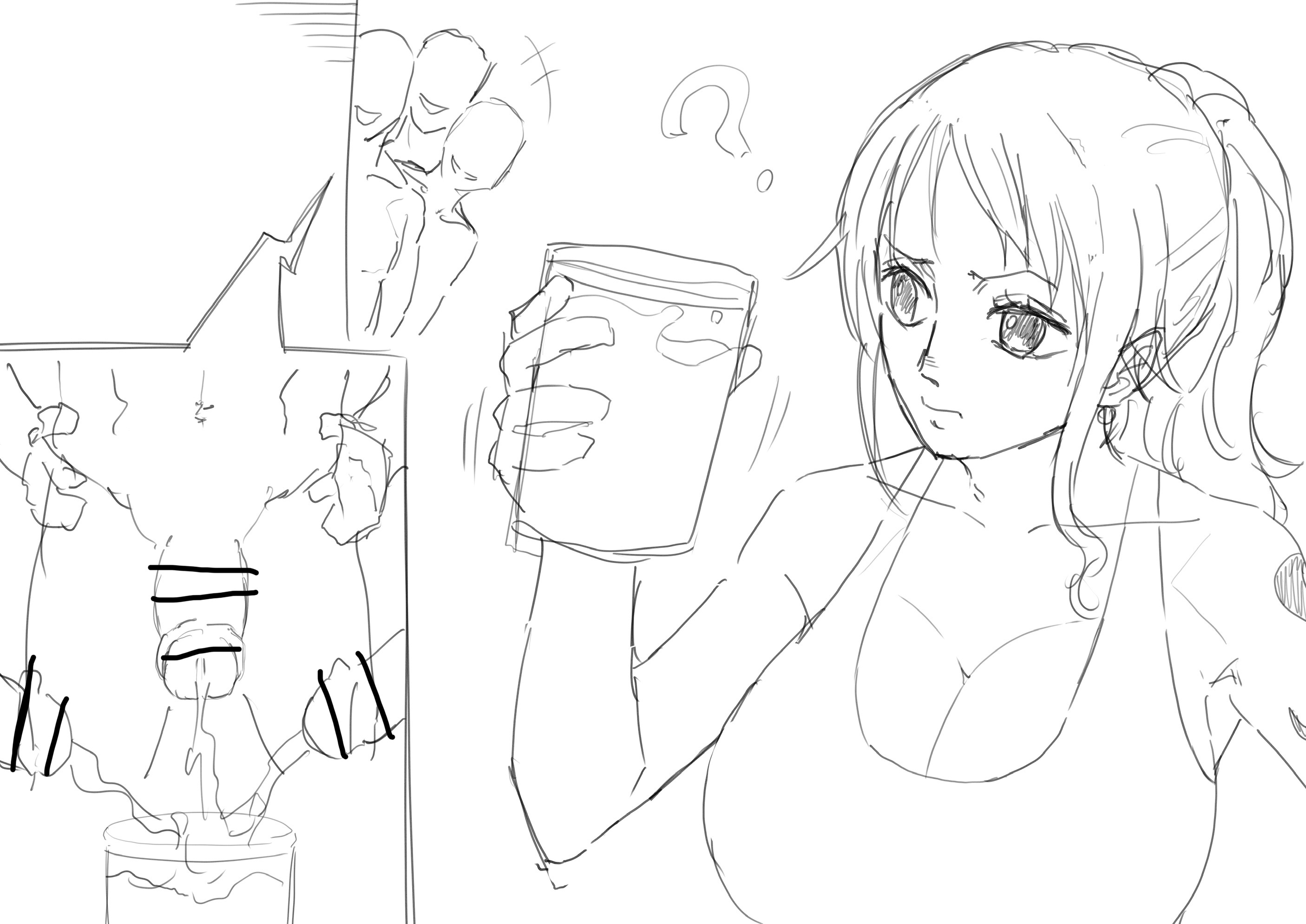 3boys, bar, black and white, censor bar, censored, cum, cum drinking, female, glass, iwao178, male, monochrome, nami (one piece), one piece, sketch, tavern