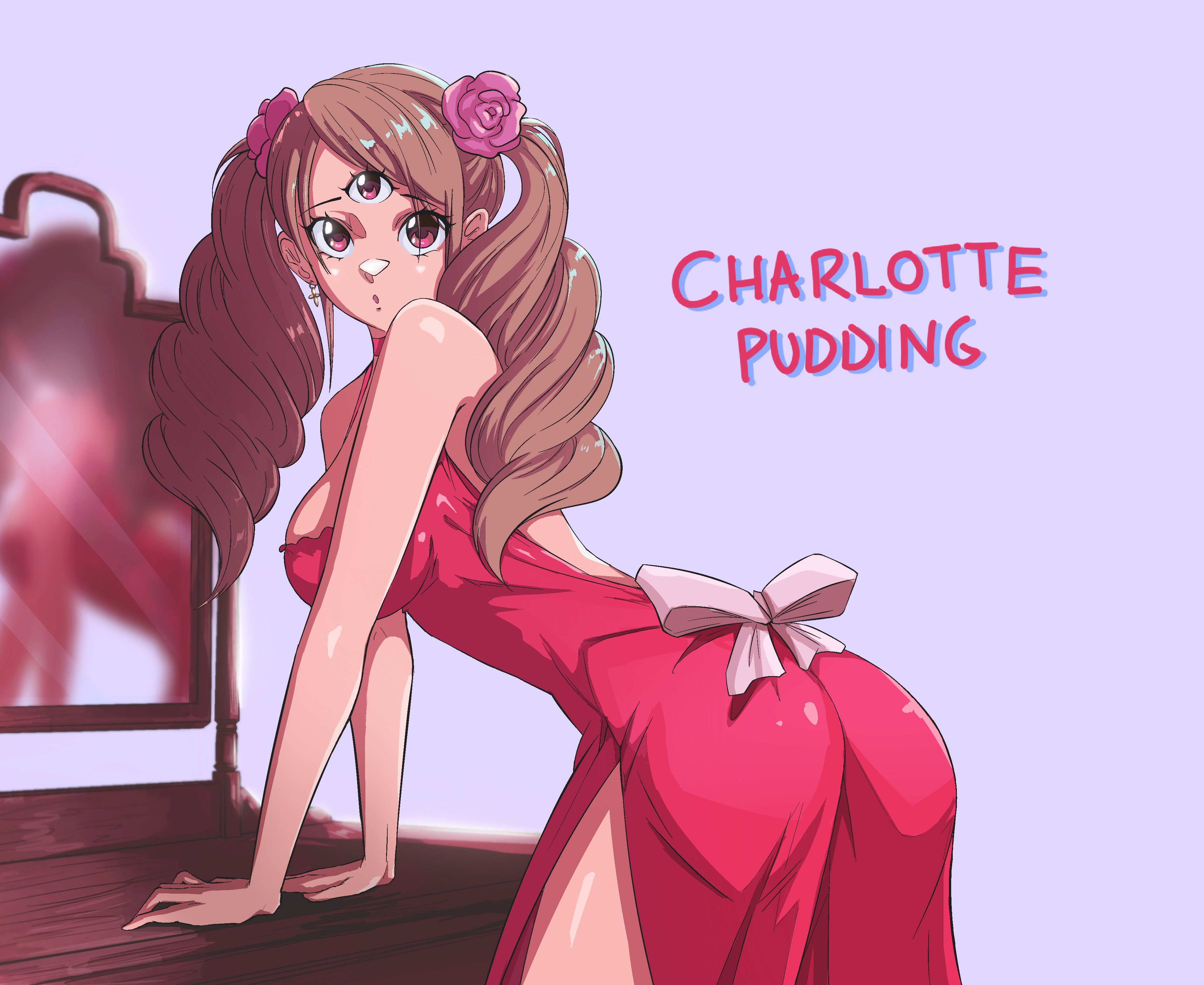 1girls, 3 eyes, artist request, brown hair, brown-haired female, charlotte pudding, female, female only, flowers in hair, mirror, multi eye, one piece, pink ribbon, red dress, red eyes, solo, solo female, solo focus, tagme, twintails