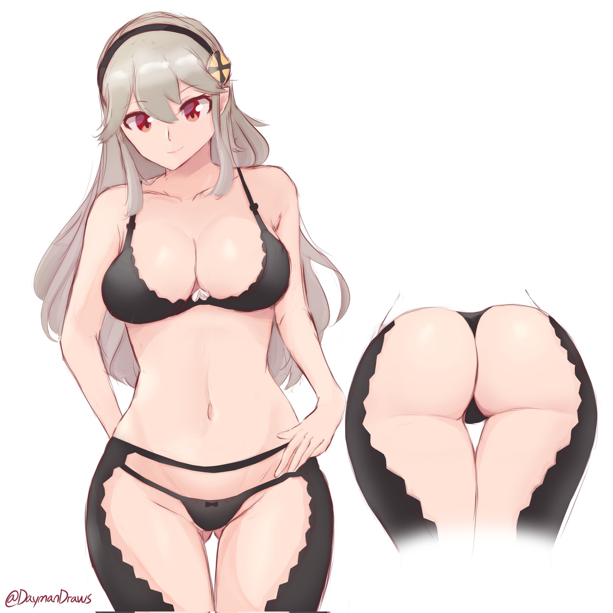 1girls, ass, ass focus, ass visible through thighs, bare thighs, big ass, black panties, bra, breasts, cleavage, collarbone, corrin (fire emblem), corrin (fire emblem) (female), daymandraws, female, female only, fire emblem, fire emblem fates, grey background, inner thighs, large breasts, long hair, midriff, nintendo, panties, red eyes, smile, solo, thighs, underwear, white background