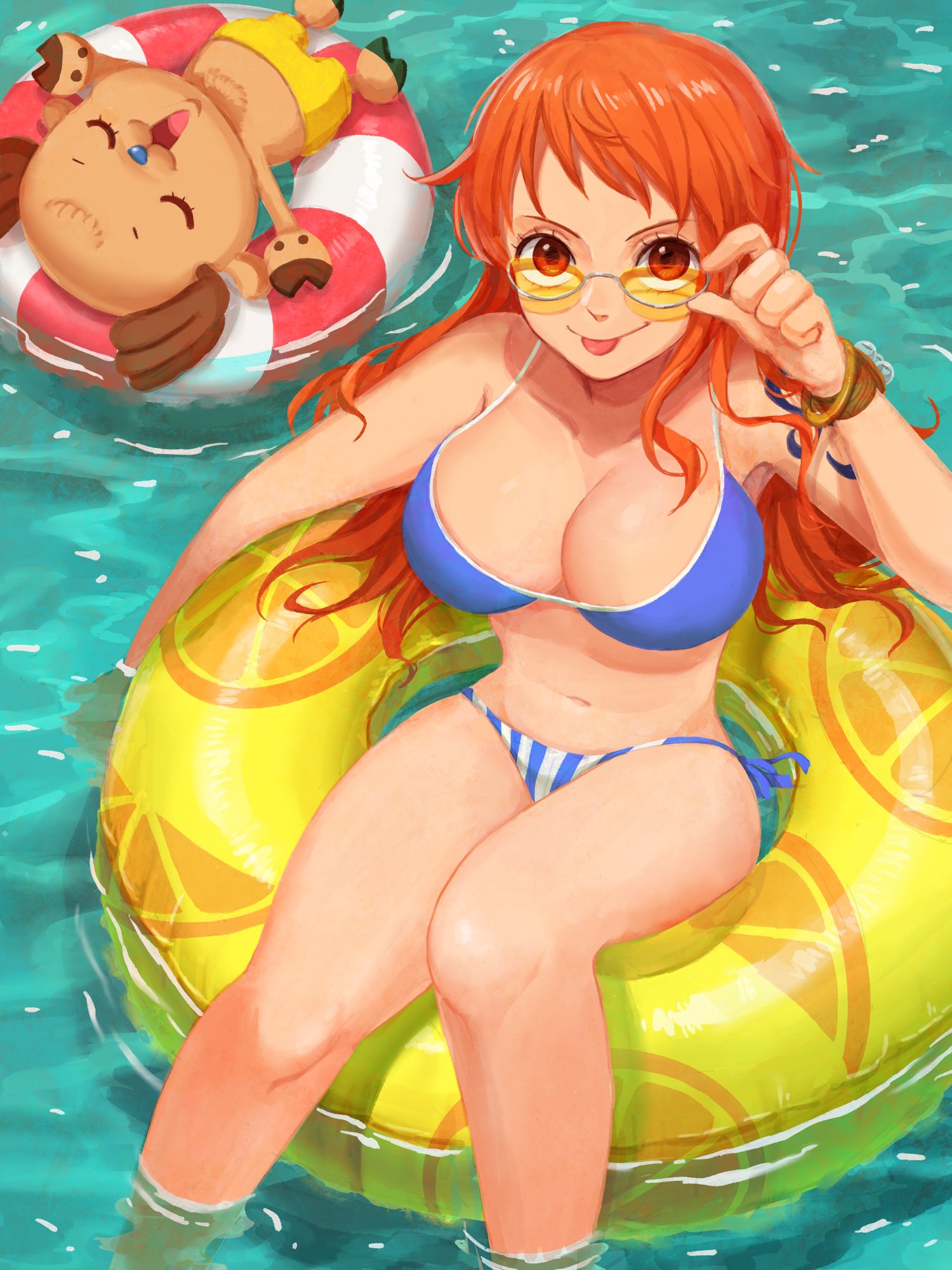 1boy, 1girls, artist request, bikini, bikini bottom, female, male, nami (one piece), one piece, orange hair, orange-haired female, post-timeskip, sticking out tongue, tagme, tony tony chopper, water