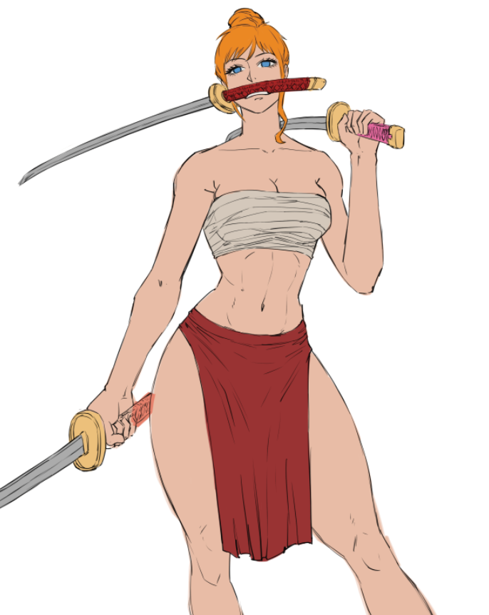 1girls abs aliasartwork blue_eyes breast_wrap cleavage dual_wielding female female_only fit_female large_breasts loincloth nami one_piece redhead sword sword_in_mouth thick_thighs voluptuous