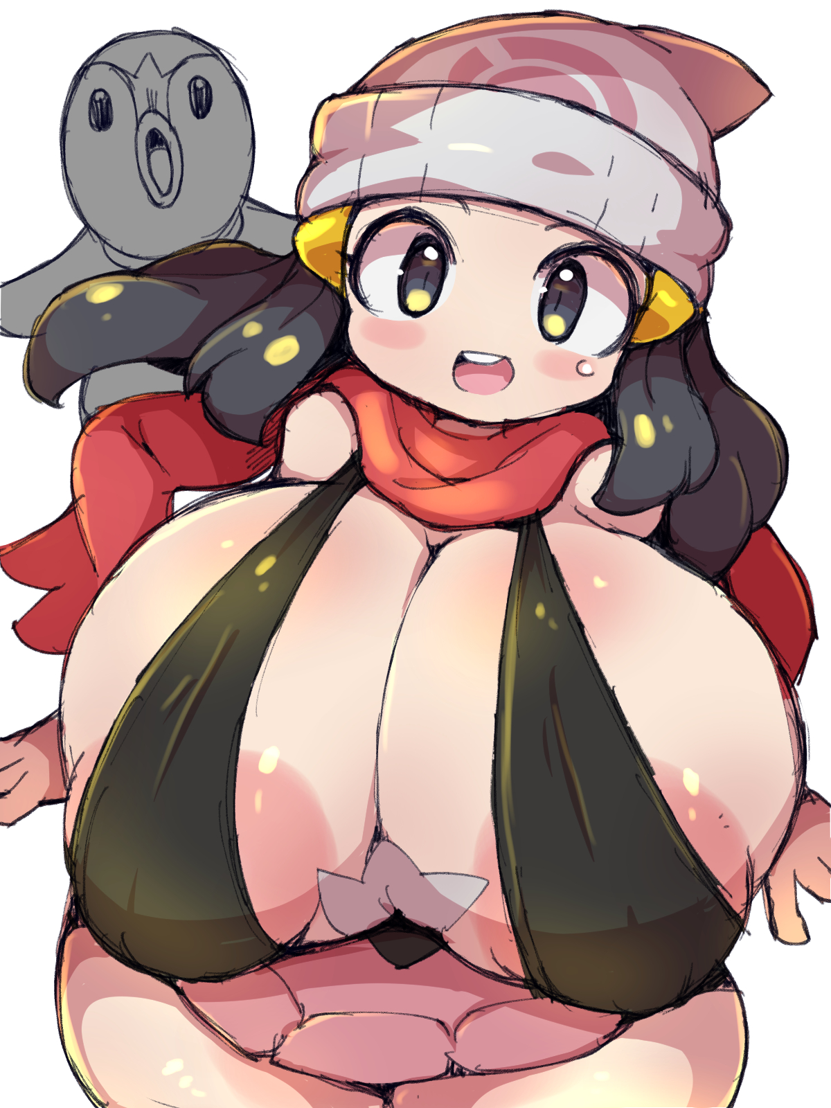 1girls, alternate breast size, big breasts, blue eyes, blue hair, blush, breasts, dawn (pokemon), eye contact, female, hat, huge breasts, large breasts, long hair, looking at viewer, nekoyuu, nintendo, piplup, pokemon, pokemon (species), pokemon dppt, thick thighs, thighs, wide hips