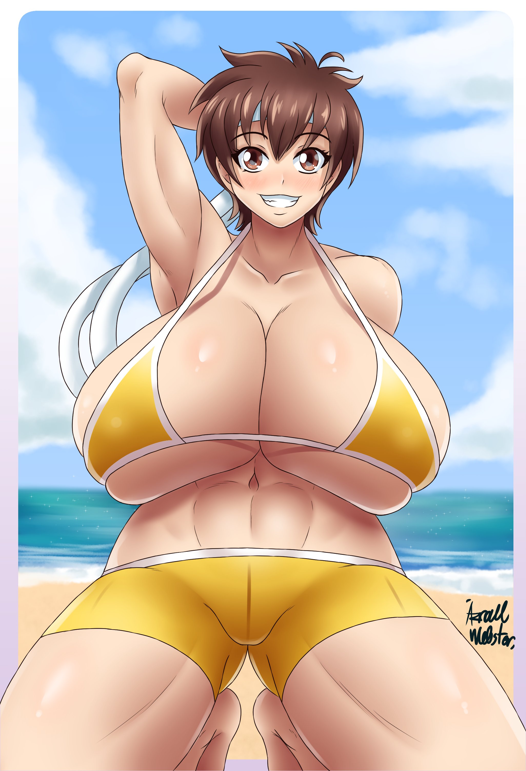 1girls, abs, arm behind head, arm up, artist signature, athletic, azraelwebster, bandana, beach, big breasts, bikini, blush, breasts, brown eyes, brown hair, capcom, cleavage, collarbone, eyebrows visible through hair, eyelashes, female, female only, fit, fit female, headband, huge breasts, human, human only, large breasts, looking at viewer, ocean, outdoors, pose, posing, sakura kasugano, sea, seaside, short hair, smile, solo, solo female, squatting, street fighter, tomboy