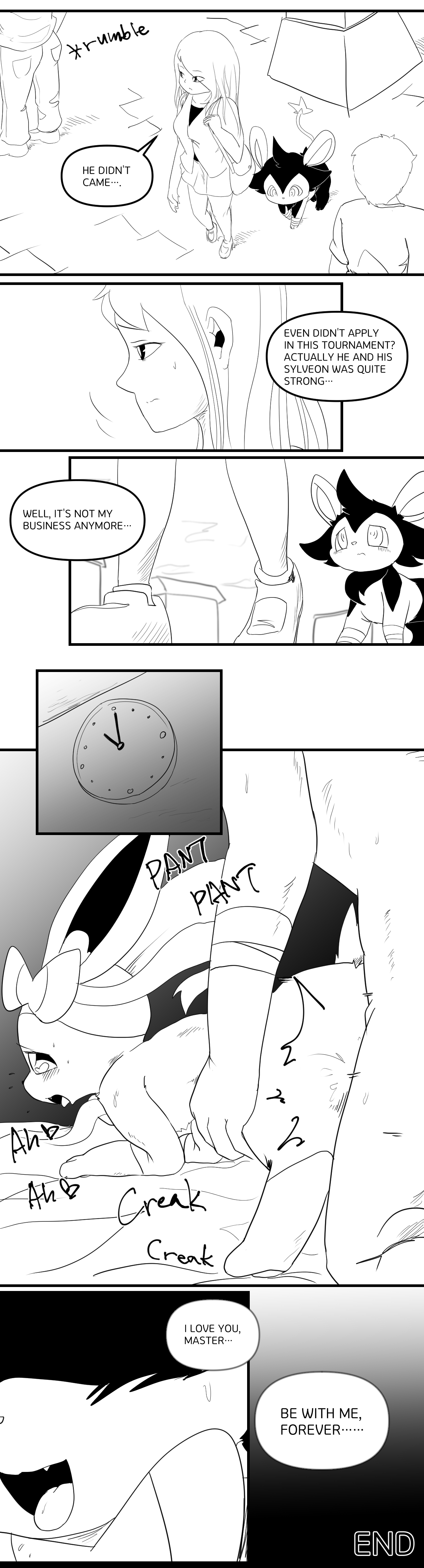 absurd res, comic, eeveelution, ehada, english text, female, female penetrated, feral, feral penetrated, from behind position, hi res, human, human on feral, human penetrating, human penetrating feral, interspecies, luxio, male, male human/female feral, male human/female pokemon, male on feral, male penetrating, male penetrating female, male/female, mammal, monochrome, nintendo, penetration, pokémon (species), pokemon, pokemon (species), pokephilia, sex, sylveon, text, video games, zoophilia