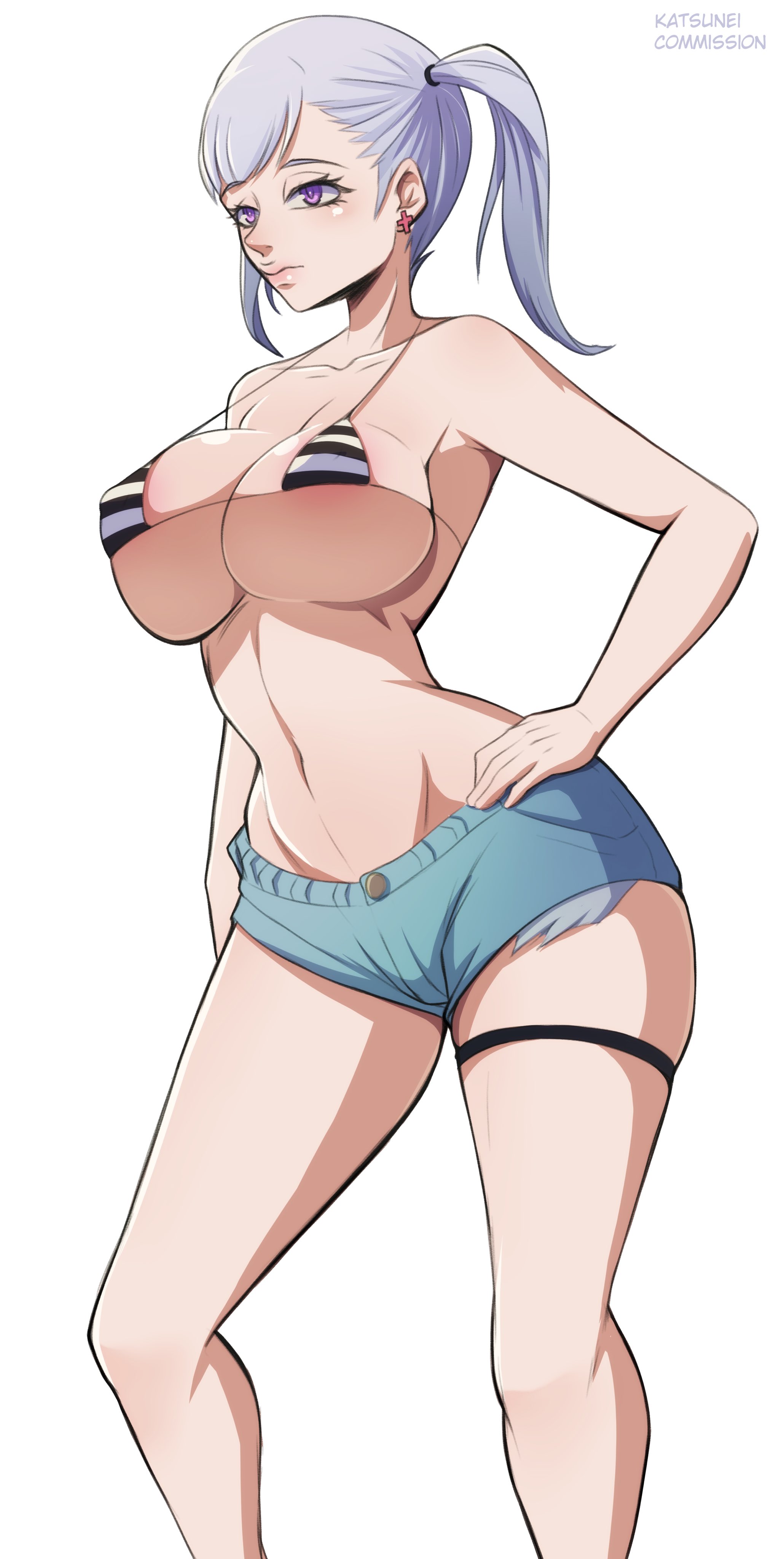 1girls, big breasts, black clover, breasts, female, katsunei, micro bikini, minishorts, noelle silva, purple eyes, shorts, silver hair, solo, standing, thick thighs, thighs, twintails, wide hips