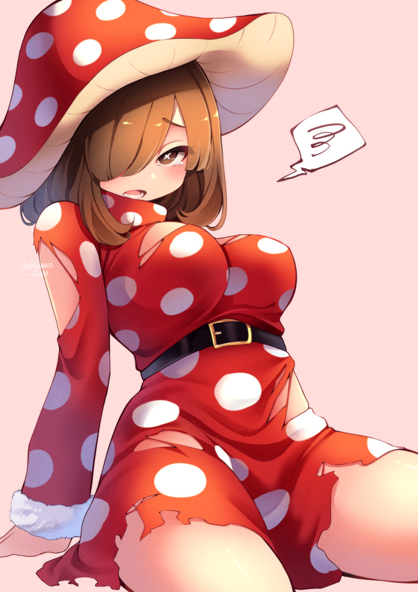 1girls, artist request, big breasts, breasts, brown eyes, brown hair, class 1b, female, female human, hair over one eye, hero outfit (mha), huge breasts, human, komori kinoko, my hero academia, one eye covered, short hair, superhero costume, superheroine, torn clothes