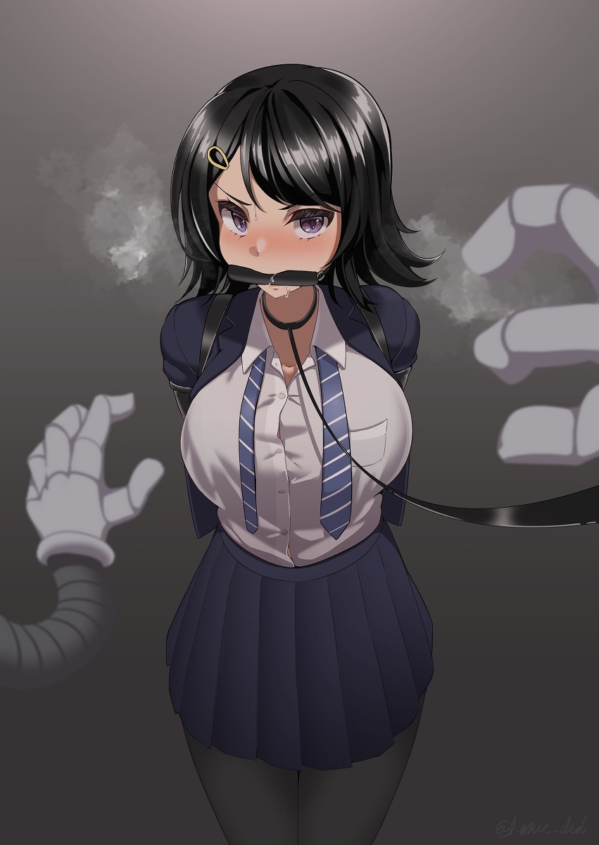 1girls arms_behind_back big_breasts bit_gag black_collar black_hair blue_shirt blush bondage bound collar drooling gag gagged hair_ornament heavy_breathing imminent_rape kanie_did leash mechanical_arms necktie necktie_aside open_eyes purple_eyes saliva short_hair sweat untied_tie