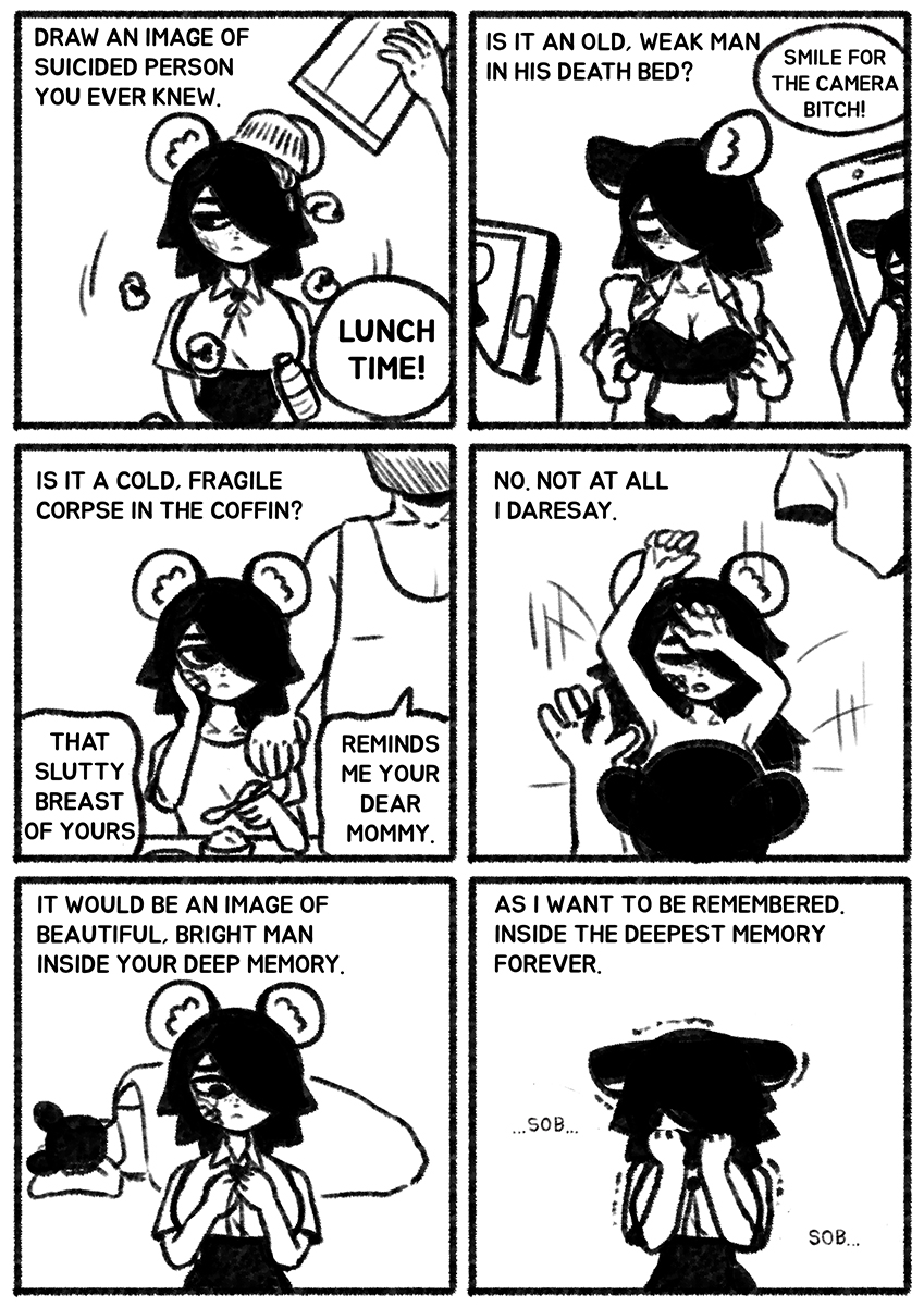 big_breasts black_hair border breasts bully bullying cho_second choi_yujin clothing comic death english_text female garter_belt garter_straps hair hi_res human humanoid incest legwear male male/female mammal mouse murid murine necktie profanity rat rodent sex shirt suicide text the_suicider_rat thigh_highs topwear webcomic white_border white_clothing white_shirt white_topwear