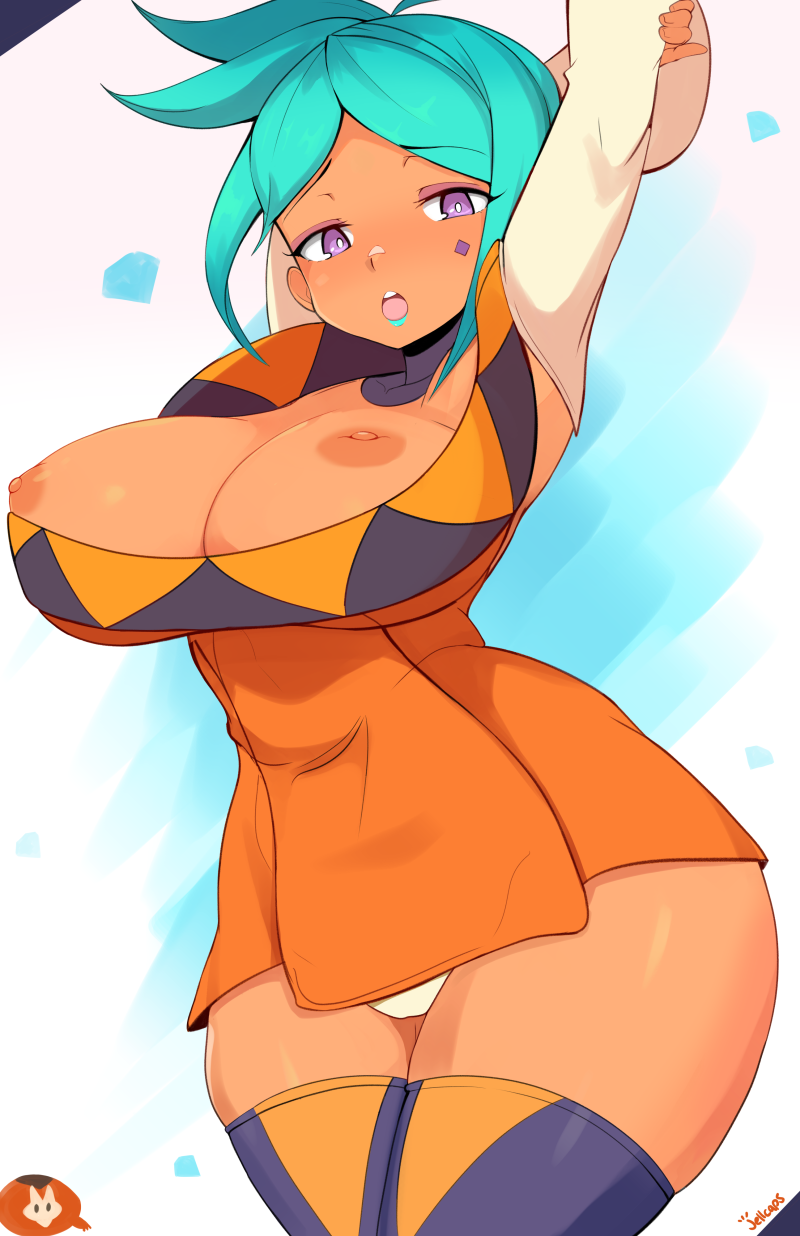 arms behind head, arms up, arms up pose, ass, big ass, big breasts, breasts, cerebella, dark skin, dark-skinned female, female, green hair, green lipstick, jellcaps, latina, looking at viewer, pose, posing, purple eyes, seductive, skullgirls, solo, solo female, tattoo, thick thighs