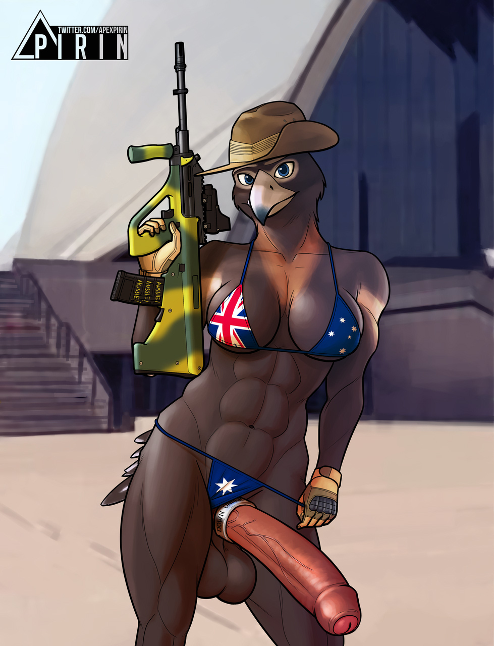 1futa abs accessory accipitrid accipitriform anthro assault_rifle australia australian_flag avian balls beak big_balls big_penis bikini bikini_aside bird blue_eyes breasts brown_balls brown_body building clothed clothing clothing_aside cock_ring eagle erection f88 flag flag_bikini foreskin futanari genitals glans gloves gun gynomorph handwear hat headgear headwear hi_res holding_object holding_weapon humanoid_genitalia humanoid_penis intersex jewelry looking_at_viewer muscular muscular_anthro muscular_gynomorph muscular_intersex navel non-mammal_breasts outside penis penis_accessory penis_jewelry pink_glans pink_penis pirin-apex ranged_weapon rifle slouch_hat solo standing steyr_aug swimwear swimwear_aside text url vein veiny_penis weapon