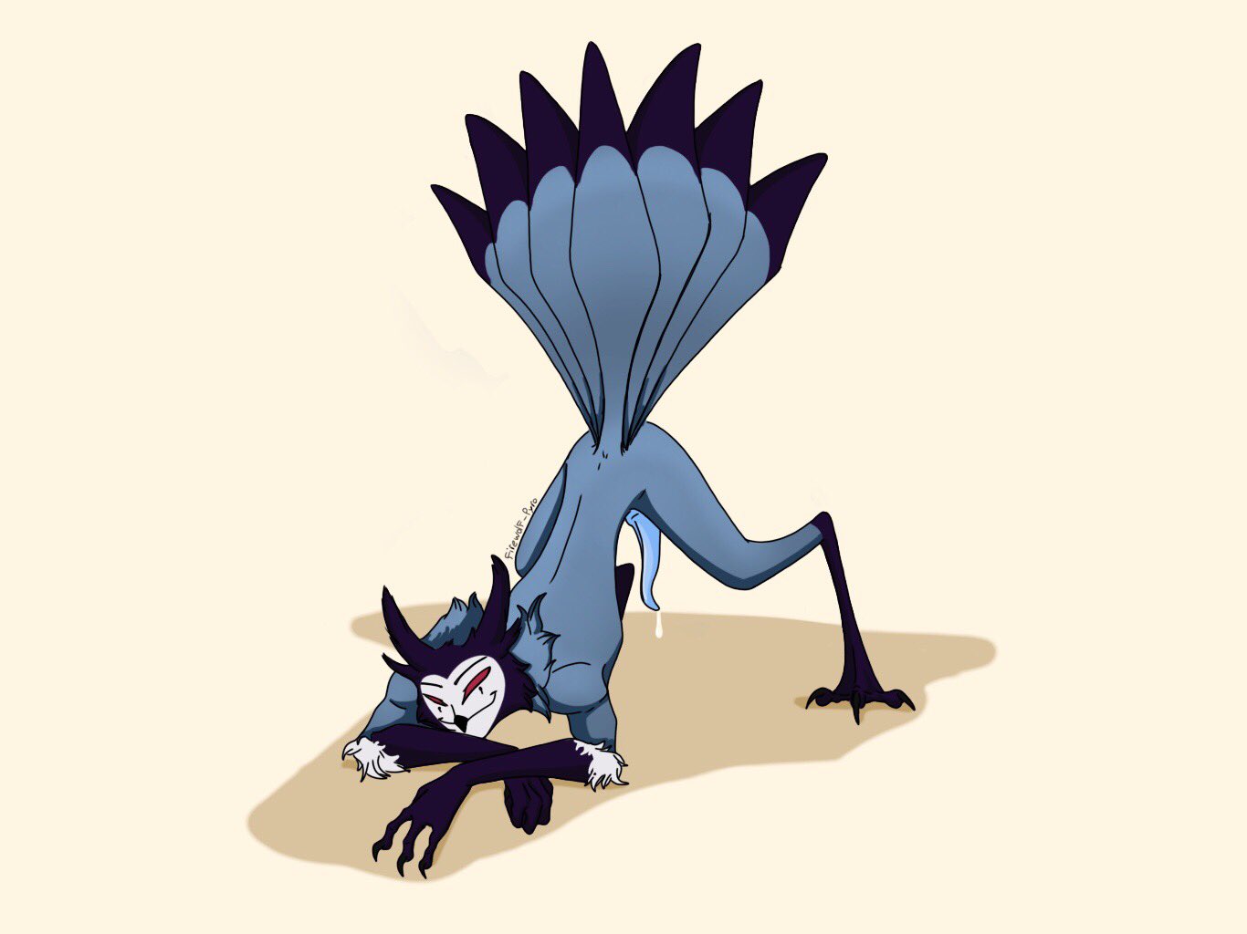 anthro ass_up avian bird blue_body blue_penis clawed_fingers clawed_toes claws demon erection feathers firewolf-pyro genitals helluva_boss jack-o'_pose lasair male owl owl_demon penis pose solo stolas_(helluva_boss) tail_feathers