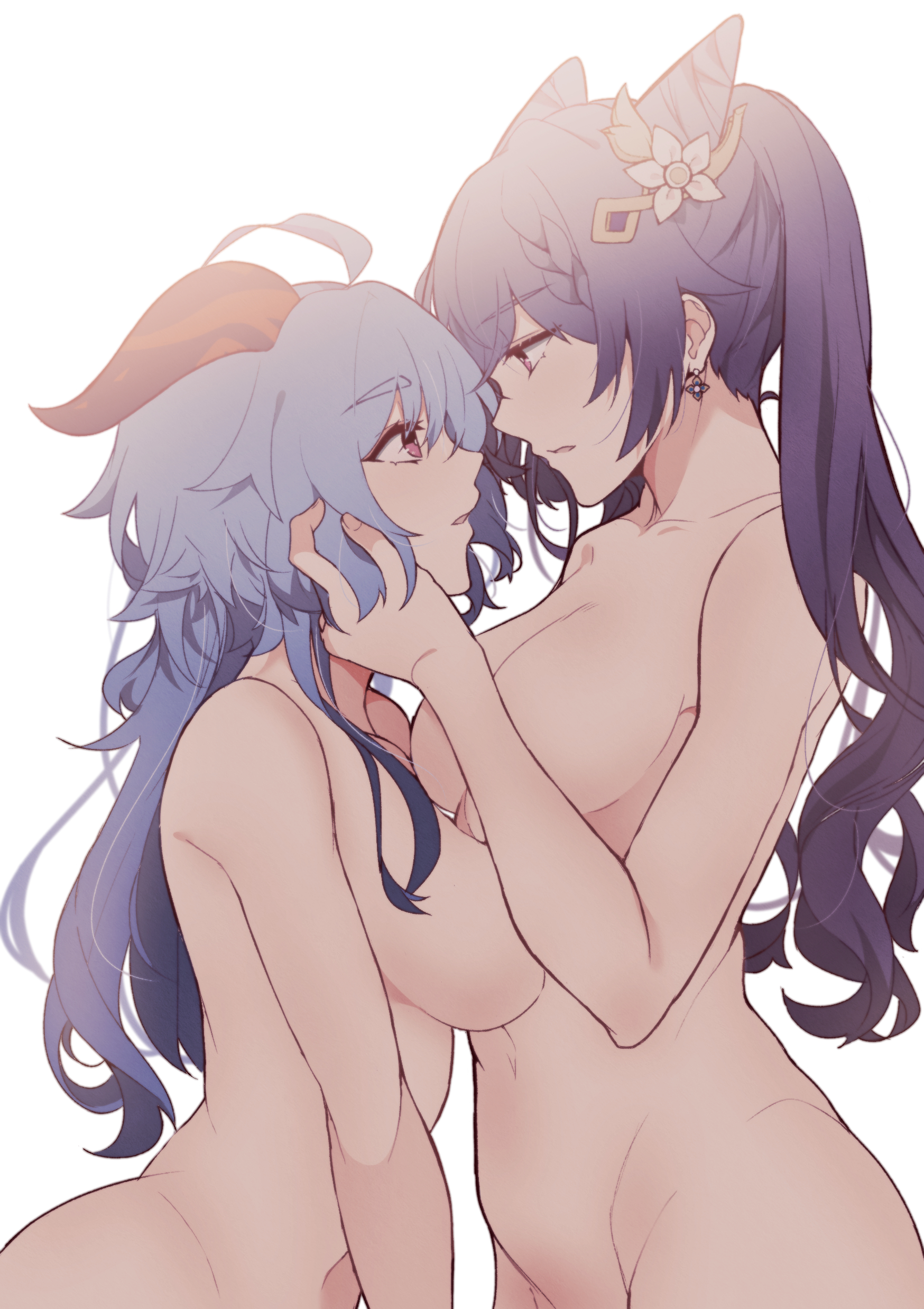 2girls, absurd res, ass, big ass, big breasts, big butt, blue hair, breasts, cat ears, cheschorv, cleavage, collar, female, ganyu (genshin impact), genshin impact, hair between eyes, hair ornament, hand on another's head, hand on face, hand on head, hi res, horn, horns, huge ass, huge breasts, huge butt, keqing (genshin impact), large ass, large breasts, lesbian, long hair, looking at another, looking at partner, multiple females, multiple girls, naked, nude, pigtails, plain background, purple eyes, purple hair, shoulders, side view, sideboob, simple background, thick, thick ass, thick thighs, thighs, twintails, white background, yuri