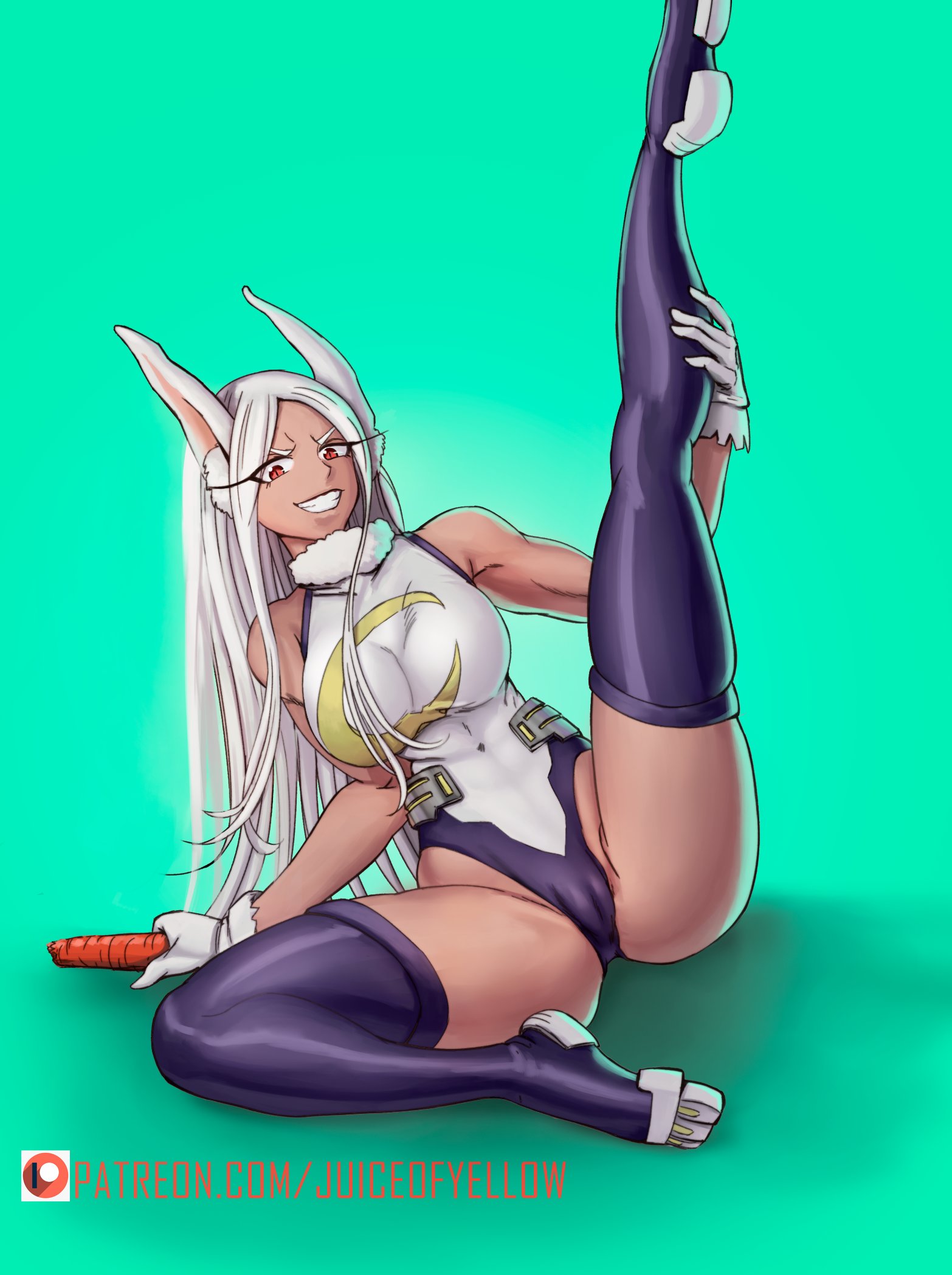 1girls, boots, breasts, bunny ears, cameltoe, carrot, clothed, dark skin, dark-skinned female, female, female only, gloves, grin, juiceofyellow, large breasts, leotard, long hair, miruko, my hero academia, one leg up, pussy, red eyes, rumi usagiyama, sitting, smile, solo, spread legs, superheroine, thigh boots, white hair