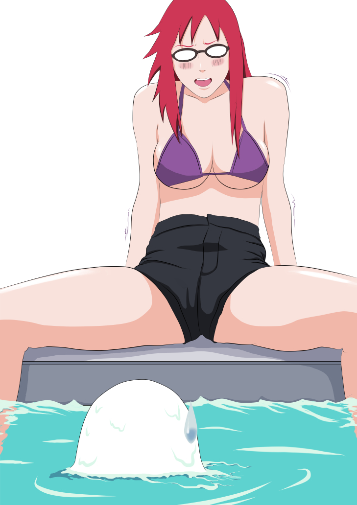1boy, 1girls, bare legs, bare shoulders, between legs, bikini, bikini top, blank background, blush, breasts, cameltoe, cleavage, embarrassed, eye contact, eyewear, faceless male, female, glasses, hozuki suigetsu, leasavit, light skin, light-skinned female, long hair, looking at another, looking at partner, looking down, looking up, male, male with female, male/female, midriff, naruto, naruto (series), naruto shippuden, nervous sweat, partially clothed, partially submerged, pool, poolside, pussy, red hair, shirtless, shorts, sitting, spread legs, staring, staring at another, surprised, sweat, sweatdrop, swimsuit, trembling, uzumaki karin, water, wet hair, white hair