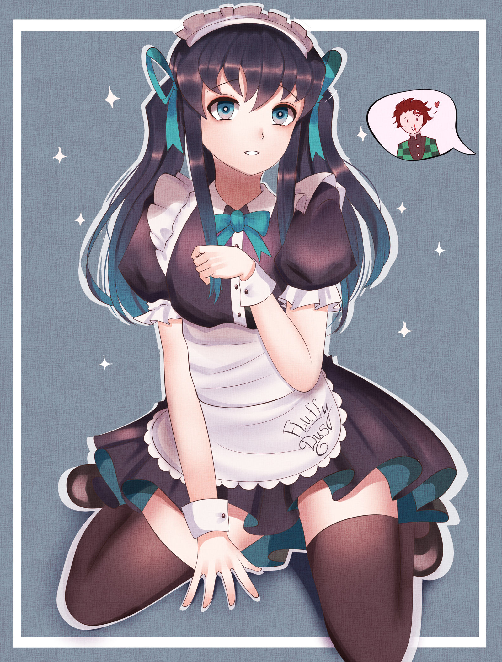 alternate costume, alternate hairstyle, androgynous, apron, black hair, black legwear, black thighhighs, blue eyes, crossdressing, demon slayer, femboy, feminine male, frills, fully clothed, gradient hair, hair ribbon, kamado tanjirou, kimetsu no yaiba, long hair, long-haired male, maid headdress, maid uniform, male, male only, muichiro tokitou, pleated skirt, sitting, solo, thighhighs, twintails, two-tone hair, wariza, wrist cuffs