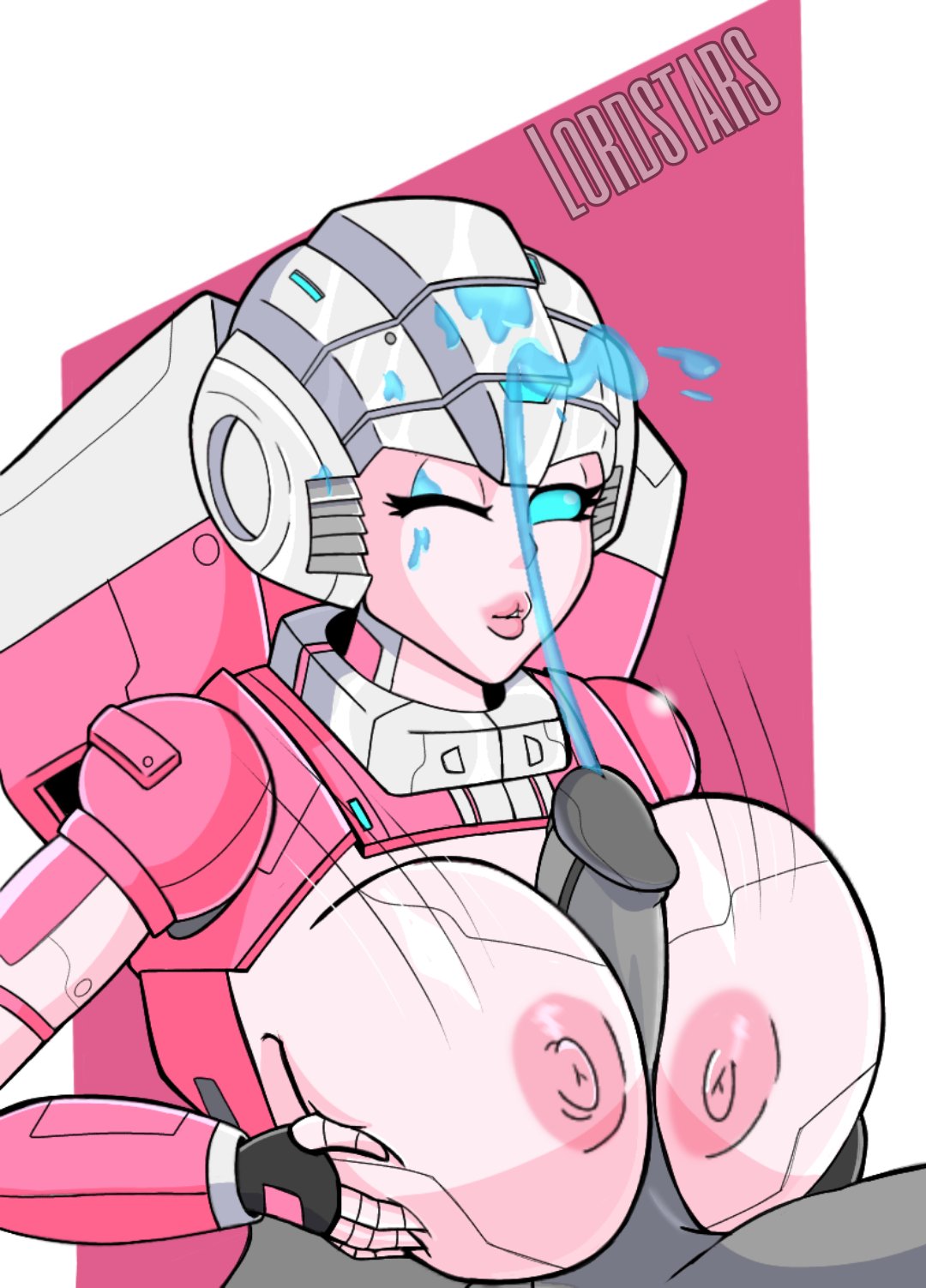 1girls, arcee, arcee (g1), areola, areolae, artist name, big breasts, blue cum, blue eyes, blush, breasts, breasts out, busty, cum, cum on face, cumshot, ejaculation, eyelashes, female, female focus, huge breasts, lordstars, male, male/female, motion lines, nipples, one eye closed, paizuri, penis, pink body, robot, robot girl, robot humanoid, straight, titfuck, titjob, transformers, transformers g1
