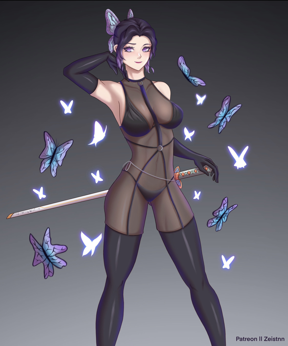 alternate costume, arm up, bare shoulders, big breasts, bikini, black bikini, black gloves, black legwear, black thighhighs, bodysuit, breasts, butterfly, butterfly hair ornament, demon slayer, elbow gloves, feet out of frame, female, female only, gloves, harness, katana, kimetsu no yaiba, kochou shinobu, leather straps, looking at viewer, purple eyes, purple hair, see-through clothing, sleeveless, smile, solo, standing, sword, thighhighs, zeistnn