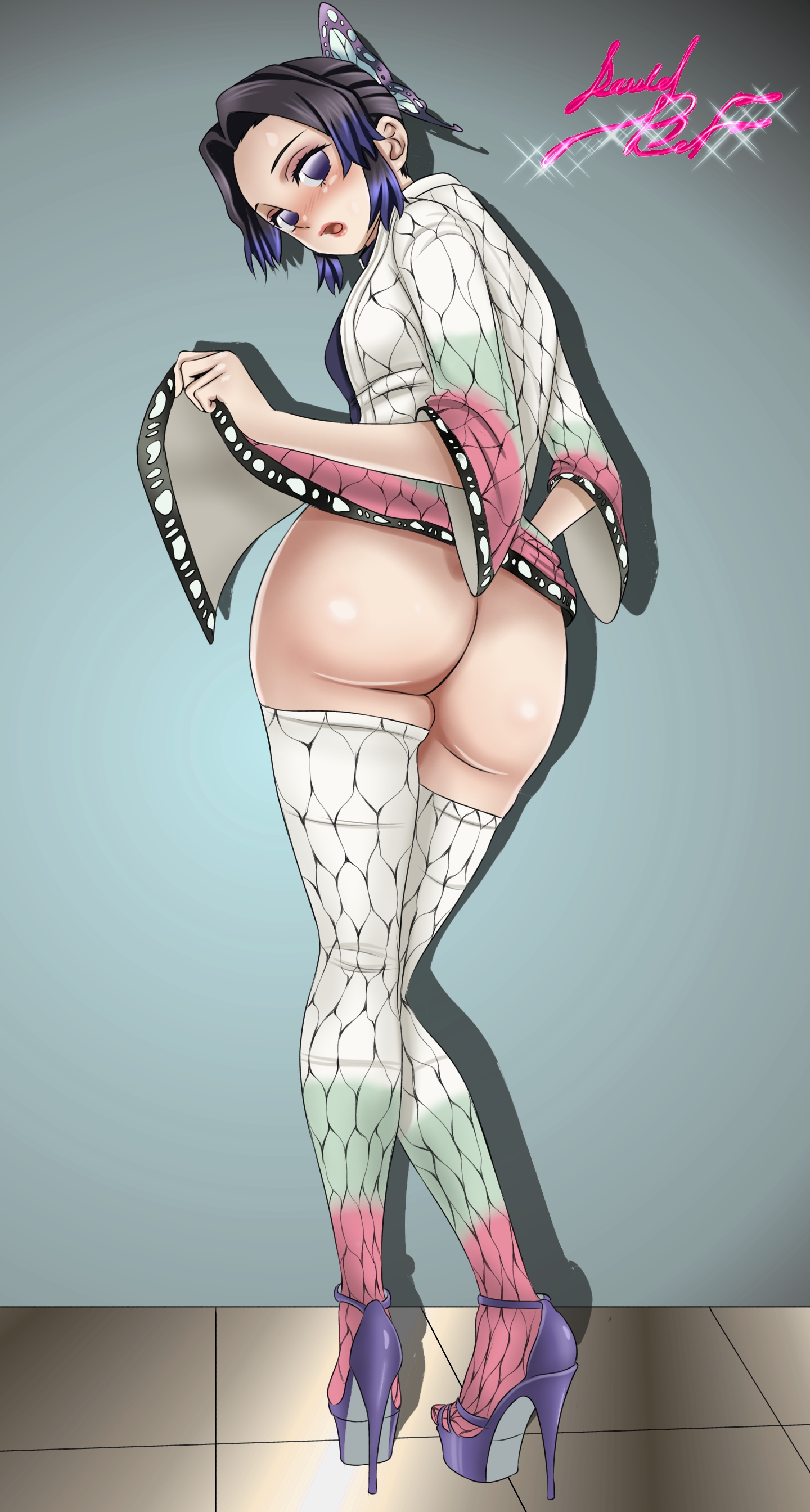 1girls, alternate costume, ass, ass focus, big ass, black hair, blush, bubble ass, butterfly hair ornament, clothing lift, danieledevane, demon slayer, female, female only, full body, haori, high heels, huge ass, kimetsu no yaiba, kochou shinobu, light skin, light-skinned female, looking at viewer, looking back, no panties, open mouth, platform heels, purple eyes, purple hair, purple-haired female, solo, standing, thighhighs, two-tone hair, white legwear, white thighhighs, wide hips